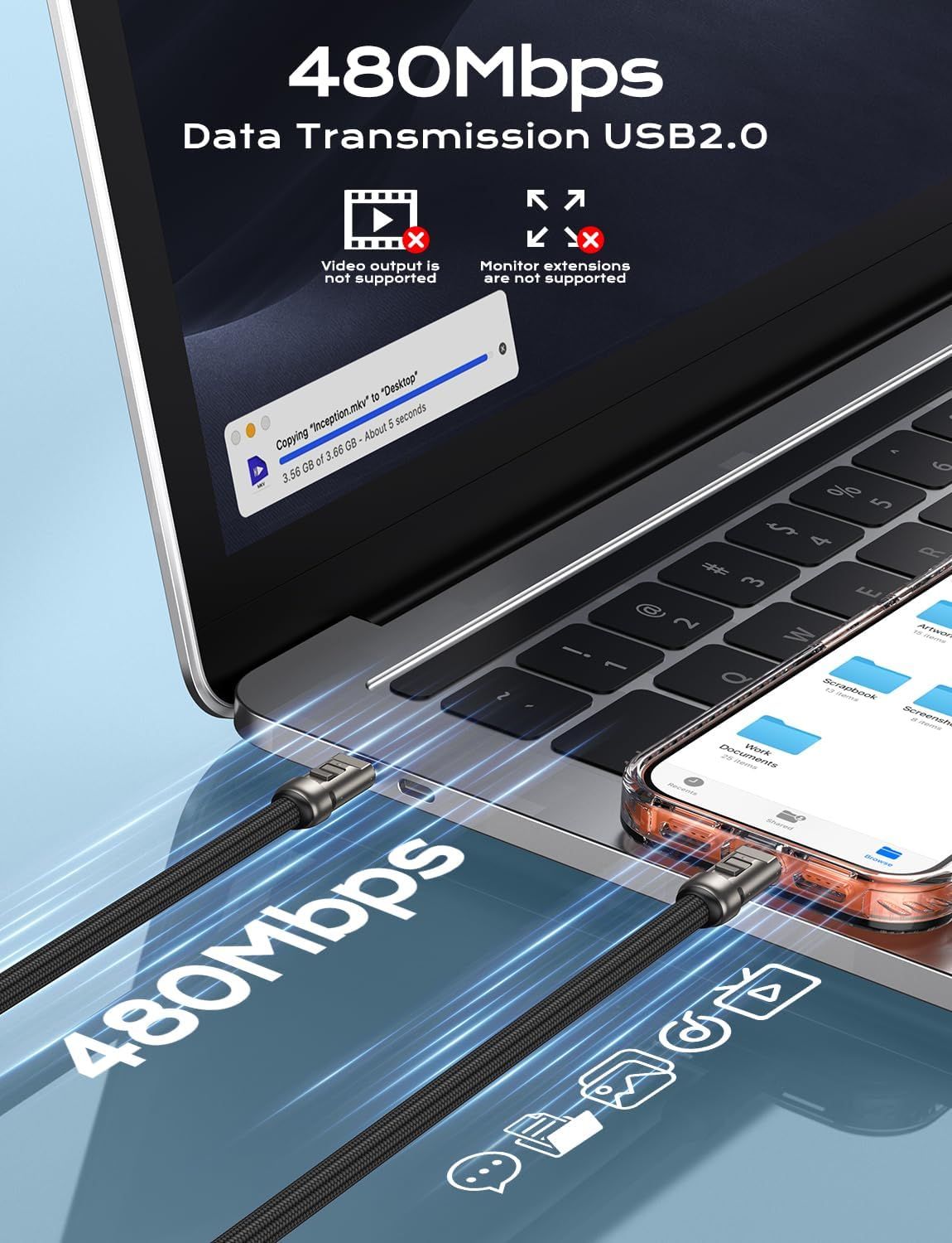 Communicates the fast data transfer speed of the USB 2.0 cable to reassure shoppers of efficient file transfers and device connectivity. Highlights the primary benefit of high-speed data…