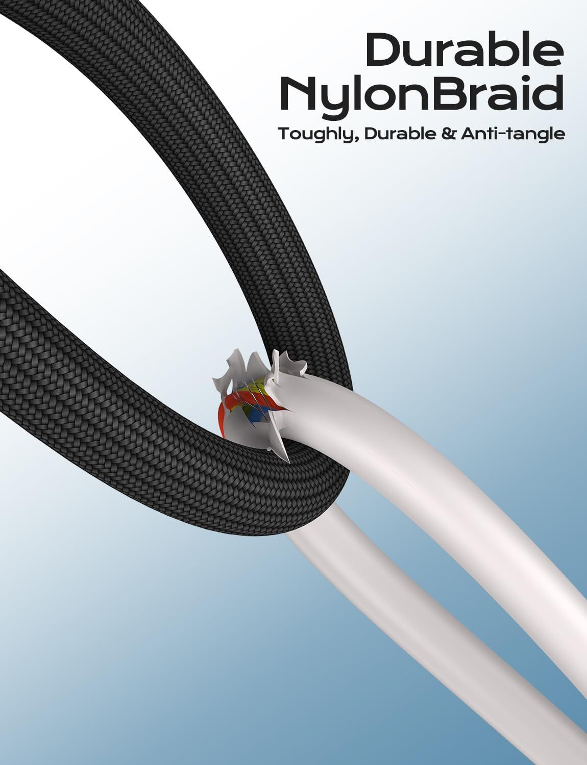 Highlights the durable nylon braid material and internal wire structure to reassure shoppers of the cable's toughness and anti-tangle properties. Communicates the primary benefit of the cable's…
