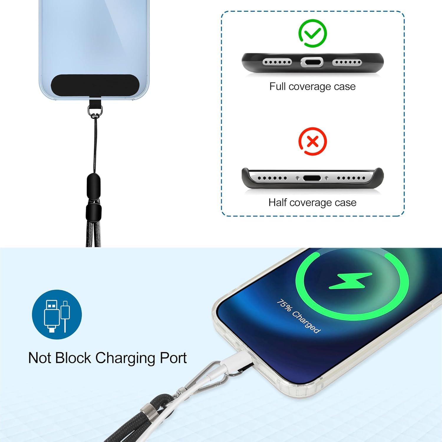 Communicates that the phone case provides full coverage protection while maintaining complete access to the charging port, addressing common compatibility concerns with phone accessories.