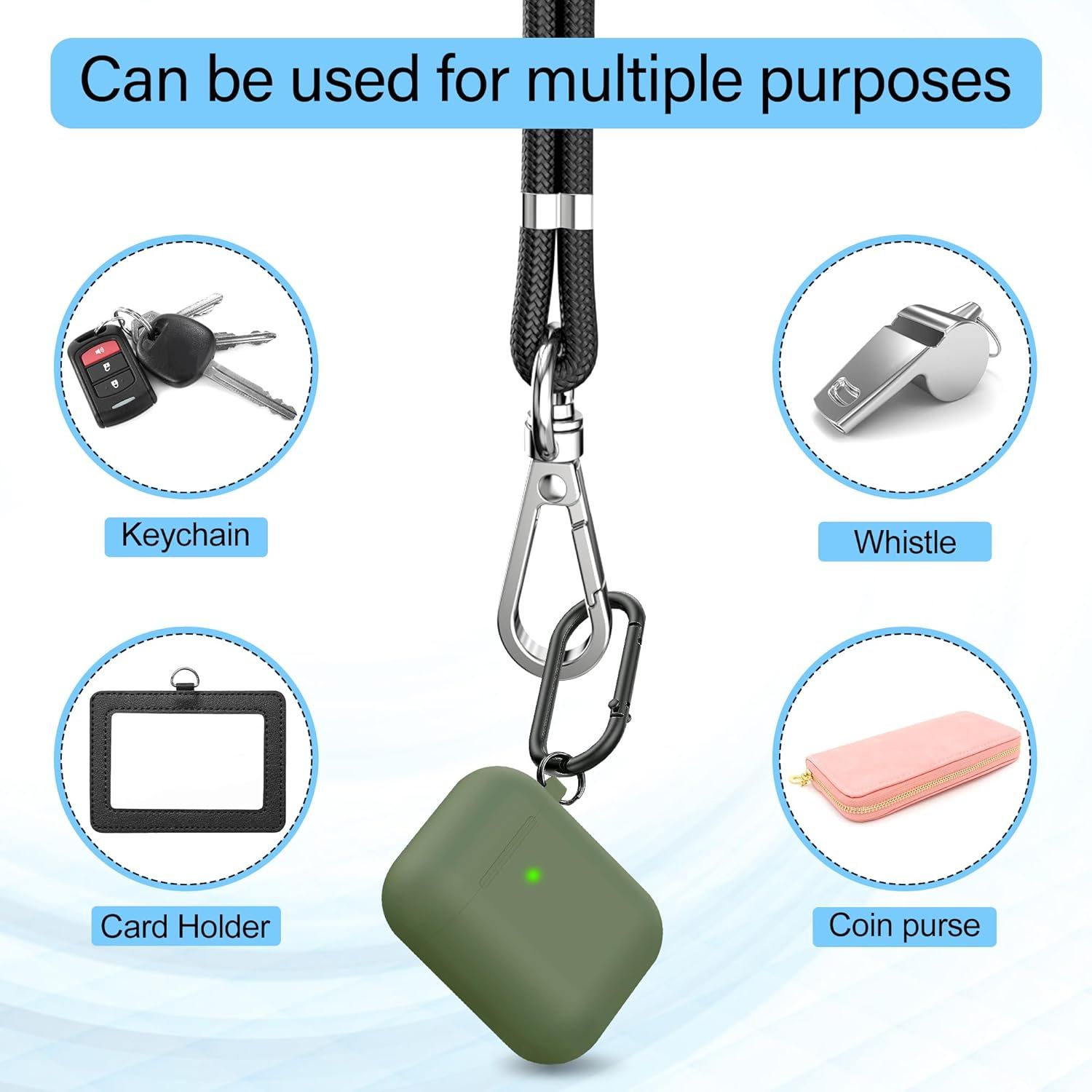 Demonstrates the product's versatility by showing four different items it can be used to carry (keychain, whistle, card holder, coin purse), reassuring shoppers that it's a multi-functional accessory.