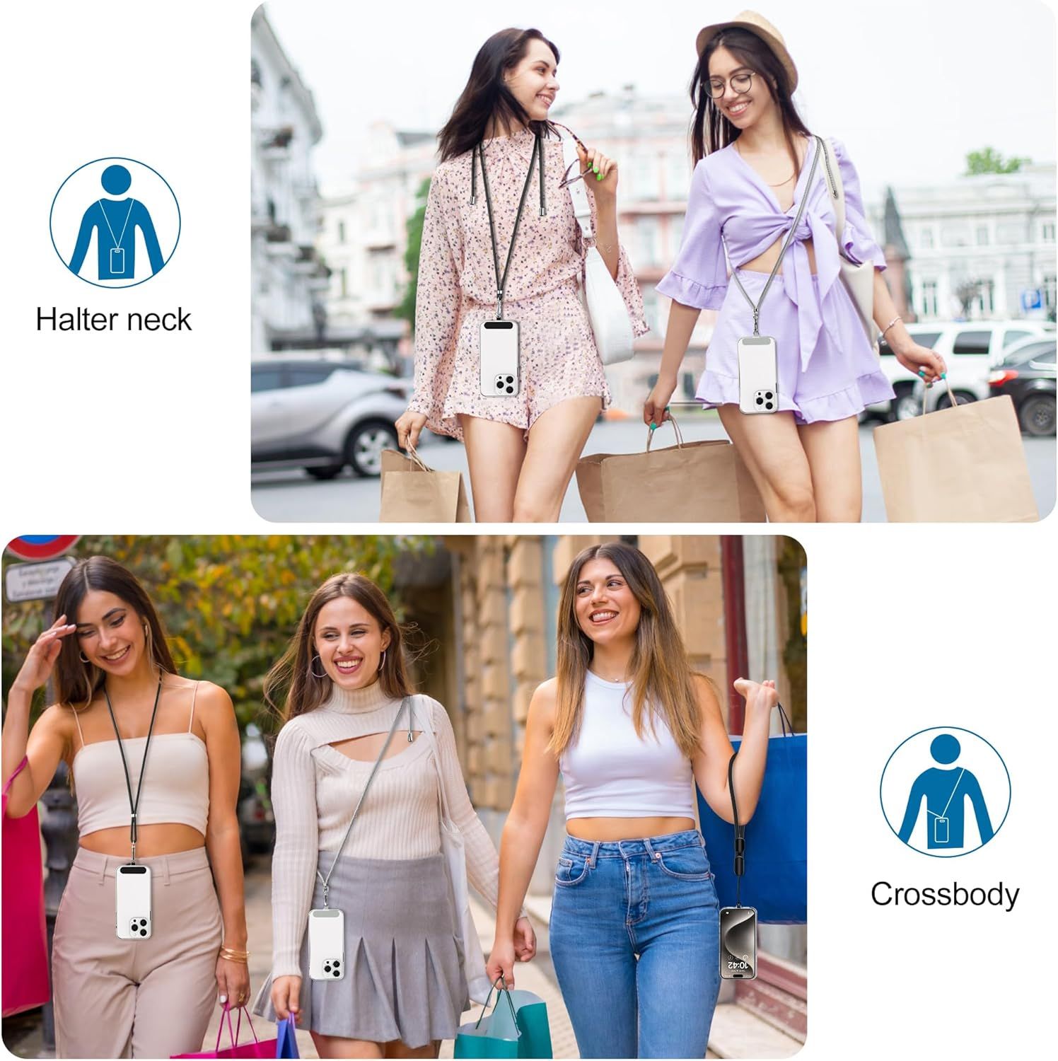 Demonstrates two different wearing styles (halter neck and crossbody) for the phone case strap, showing shoppers the versatility and multiple ways to use the product in real-world lifestyle scenarios.