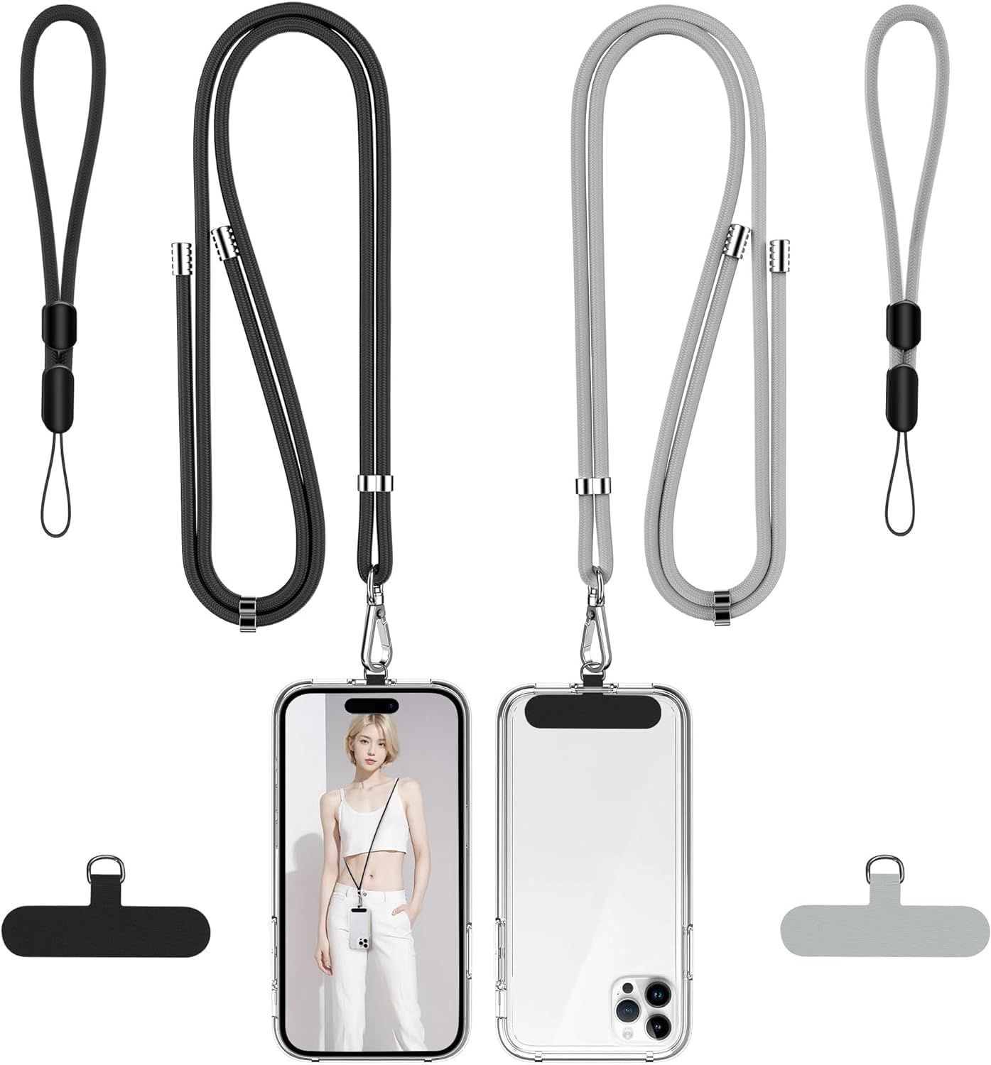 Shows everything included in the package—phone case, multiple lanyard straps in different colors, and attachment accessories—to help shoppers understand the full value of what they're purchasing.