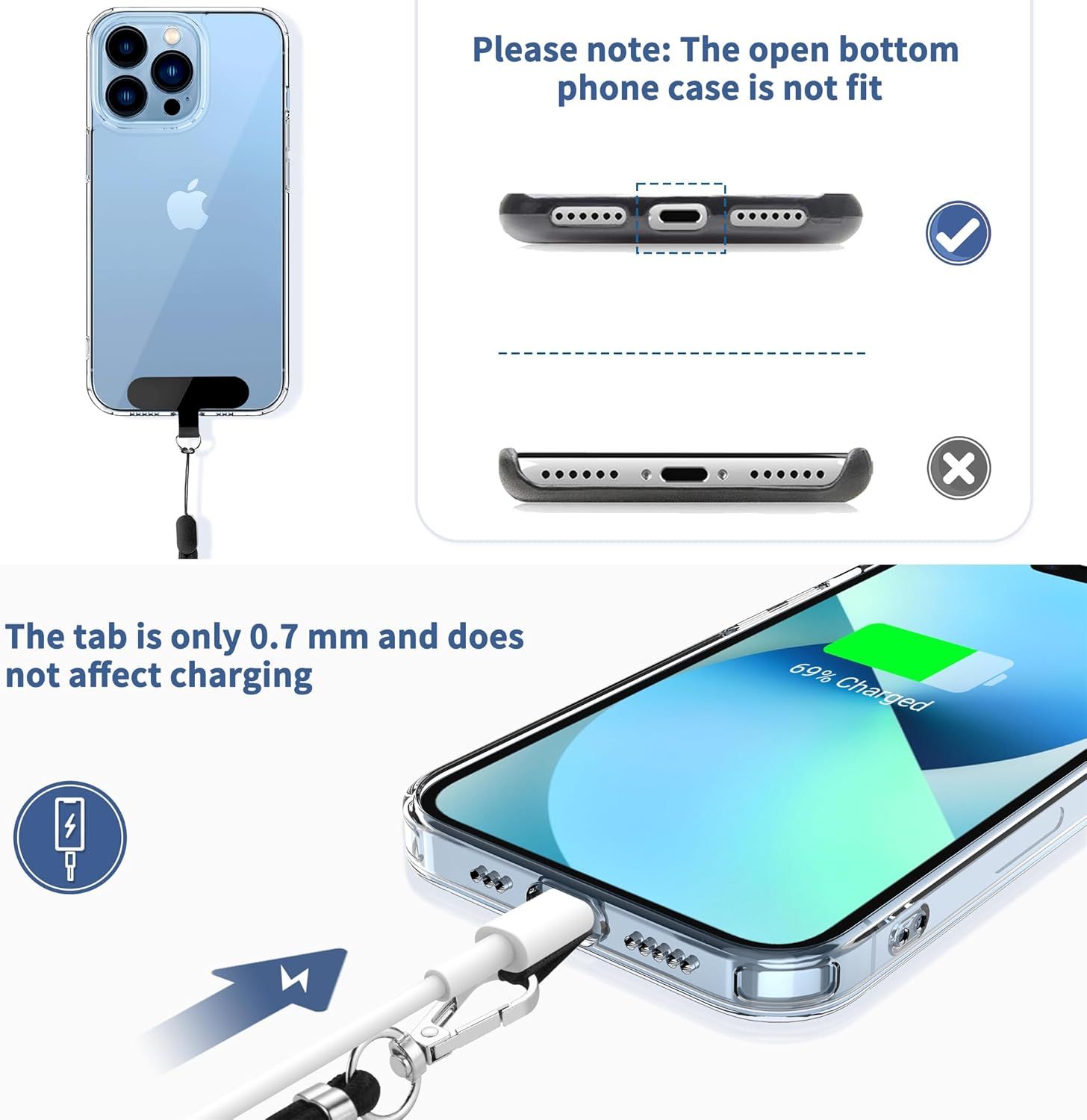 Clarifies which phone case designs are compatible with the product and reassures shoppers that the case design allows unobstructed charging access. Shows which phone case types work with the product…