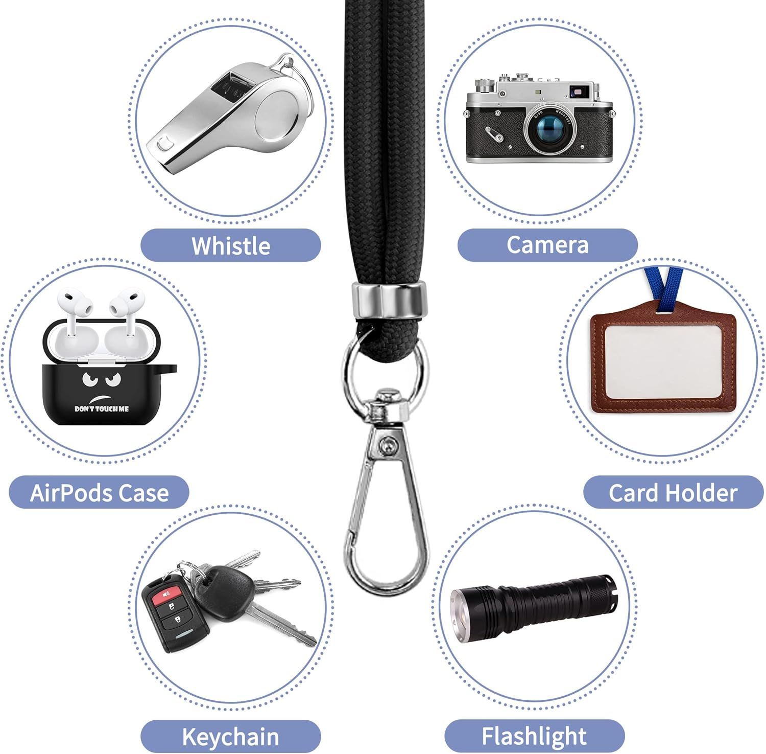 Demonstrates the lanyard's versatility by showing multiple items it can hold or attach to, including a whistle, camera, AirPods case, card holder, keychain, and flashlight, reassuring shoppers of…