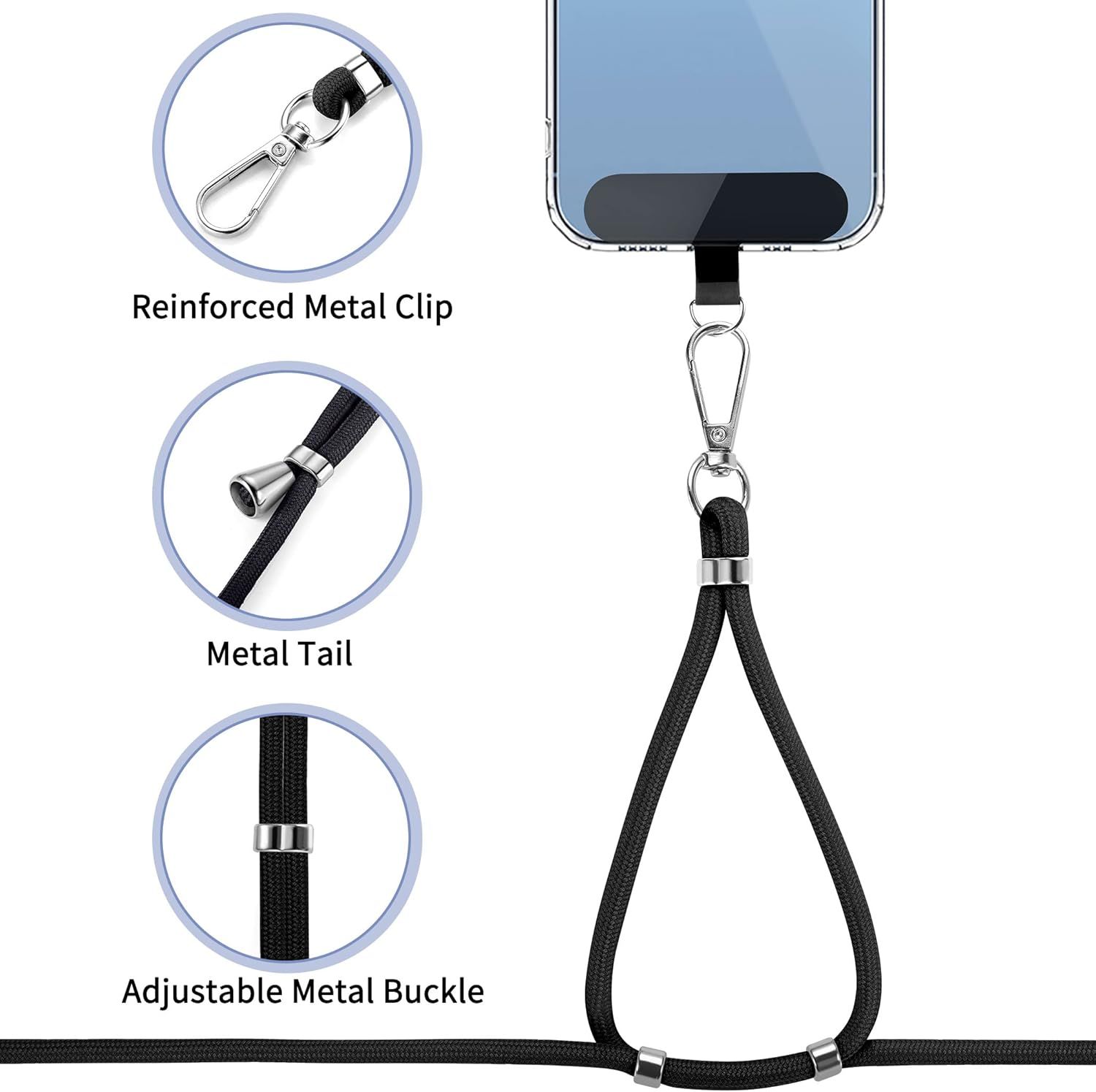 Breaks down the physical components of the phone lanyard strap to highlight the quality construction and metal reinforcement at key stress points, reassuring shoppers of durability and build quality.