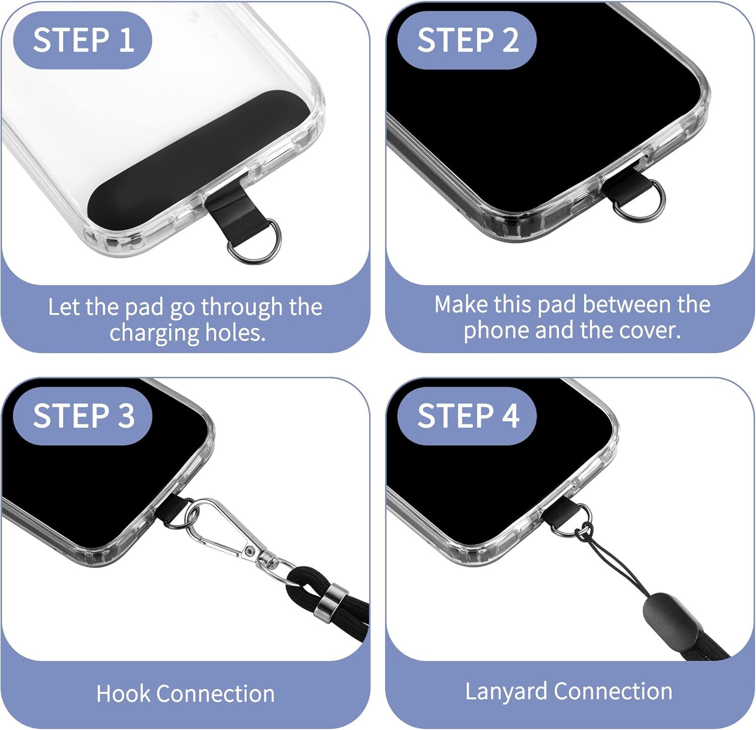 Demonstrates the step-by-step process for attaching a lanyard or strap to the phone case, helping shoppers understand the installation method and ease of use.
