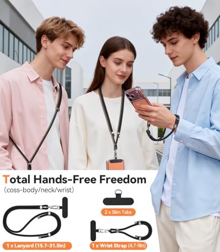 Demonstrates the versatility of the phone strap system by showing multiple ways to wear and carry the device hands-free, reassuring shoppers of its adaptability to different use scenarios.…