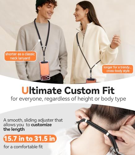 Communicates that the phone lanyard offers multiple wearing options (neck lanyard or cross-body) and adjustable length to fit all body types, emphasizing versatility and customization.