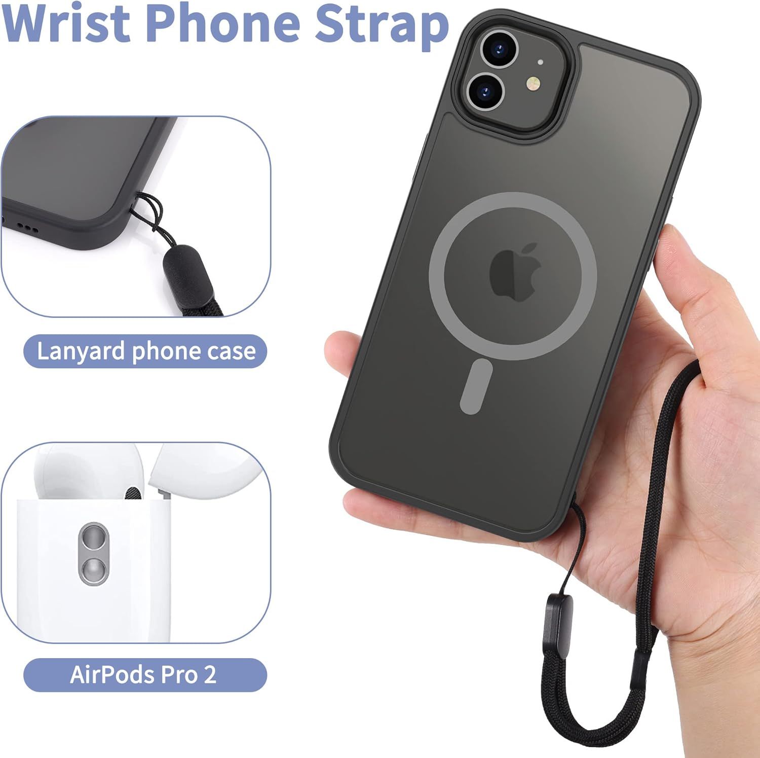Showcases multiple distinct features of the phone case including the wrist strap attachment, lanyard functionality, and AirPods Pro 2 storage capability to demonstrate the product's versatility and…
