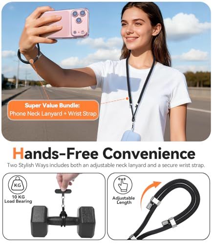 Communicates multiple benefits of the phone lanyard bundle including hands-free convenience, strong load capacity, and adjustable length to reassure shoppers of versatility and durability.