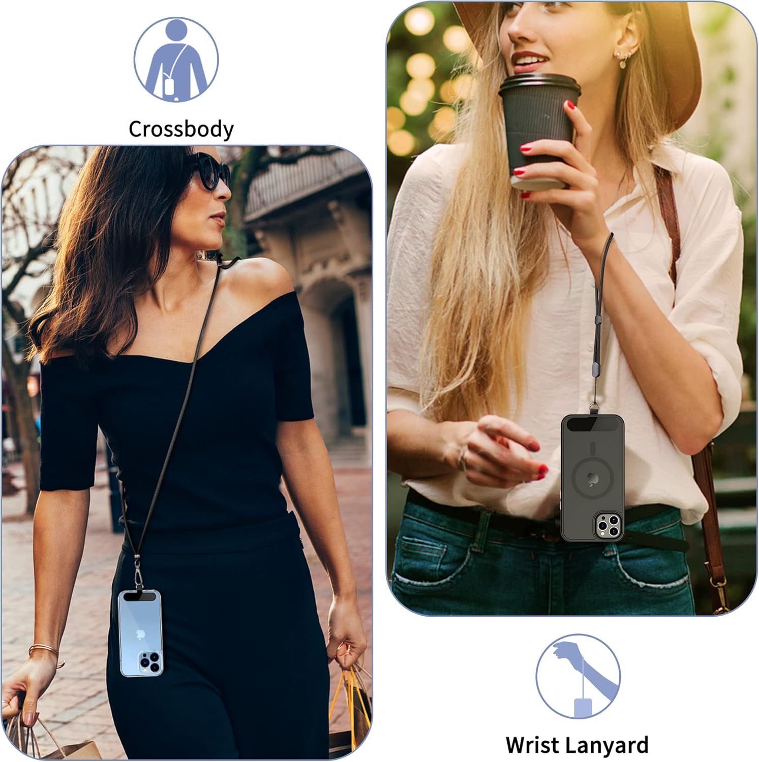 Demonstrates multiple ways to carry the phone case accessory—worn as a crossbody strap or wrist lanyard—to show versatility and hands-free convenience in different lifestyle scenarios.