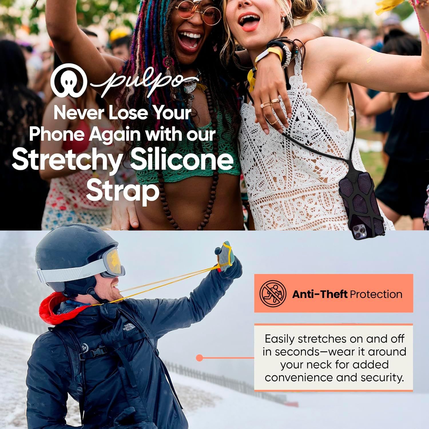 Demonstrates the product's versatility by showing it in multiple real-world scenarios (festival and skiing) to communicate that the phone strap works across different activities and lifestyles.…