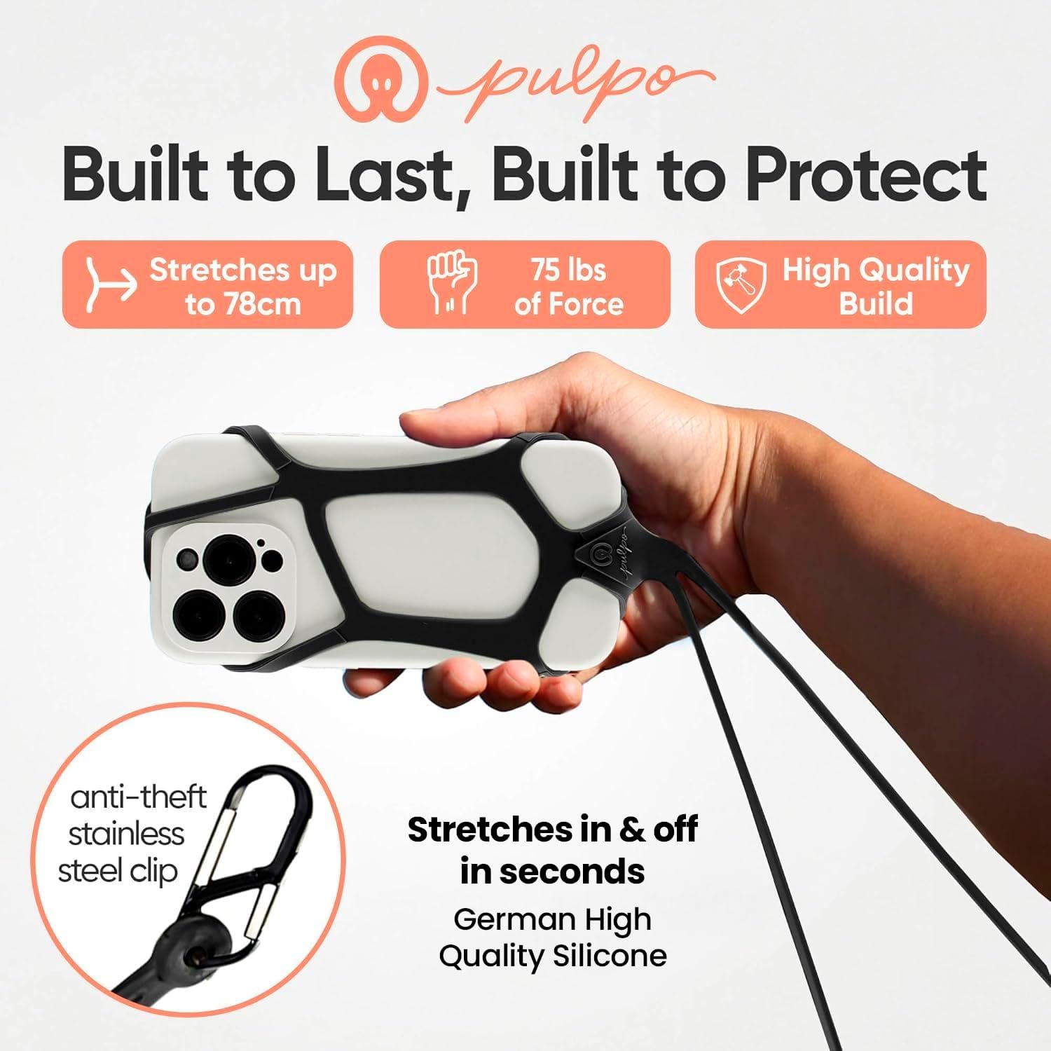 Communicates multiple key benefits of the phone case holder including its stretchability up to 78cm, 75 lbs force resistance, high quality construction, anti-theft stainless steel clip, and ease of…