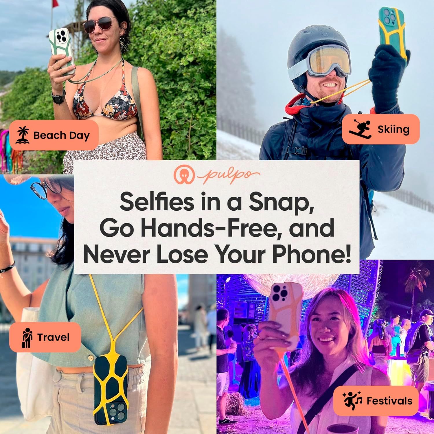 Demonstrates the product's versatility by showing it can be used across multiple lifestyle scenarios and activities, from beach days to skiing to festivals, reassuring shoppers it's useful in many…