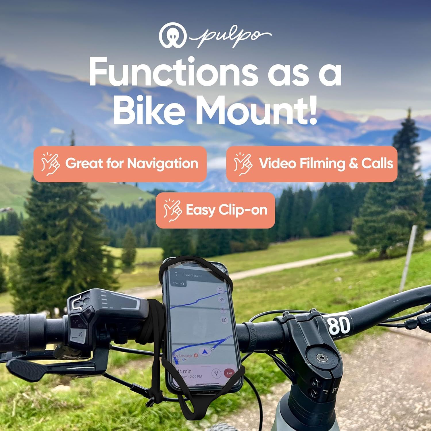 Demonstrates multiple use cases for the phone mount on a bike, showing it can be used for navigation, video filming, calls, and highlighting the easy clip-on installation feature.