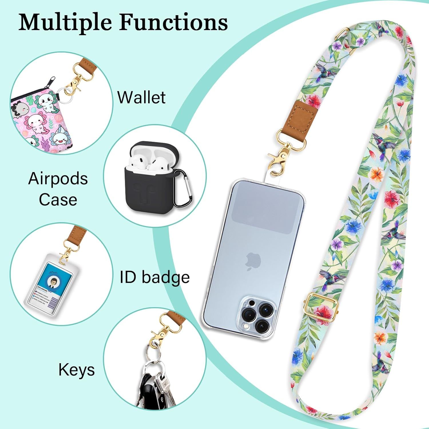 Demonstrates the lanyard's versatility by showing it can hold multiple items (wallet, AirPods case, ID badge, keys, phone), reassuring shoppers of its multi-functional value.