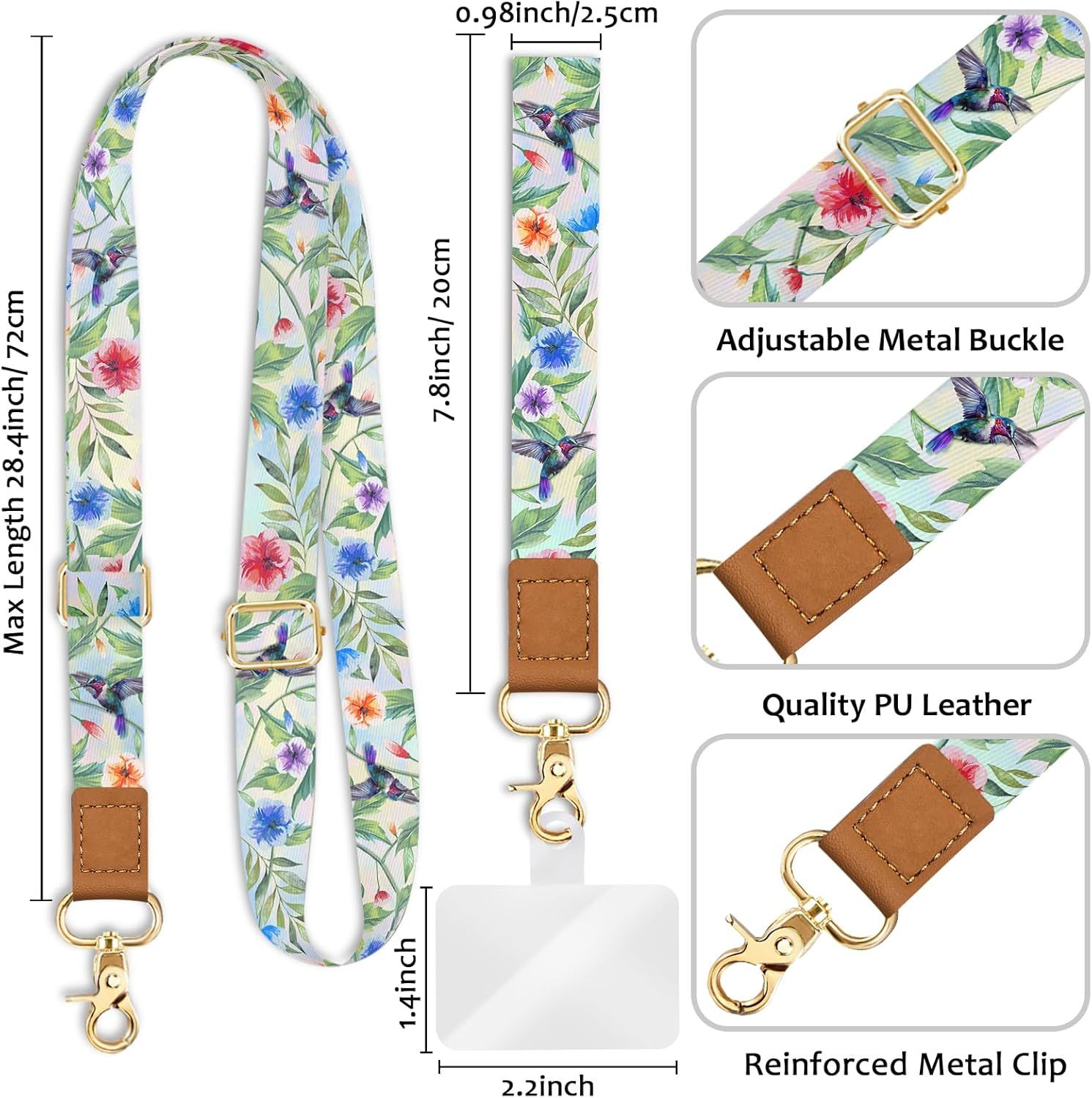 This image breaks down the physical components and construction details of the lanyard strap, highlighting the adjustable buckle, leather accents, and metal clip to reassure shoppers of quality…