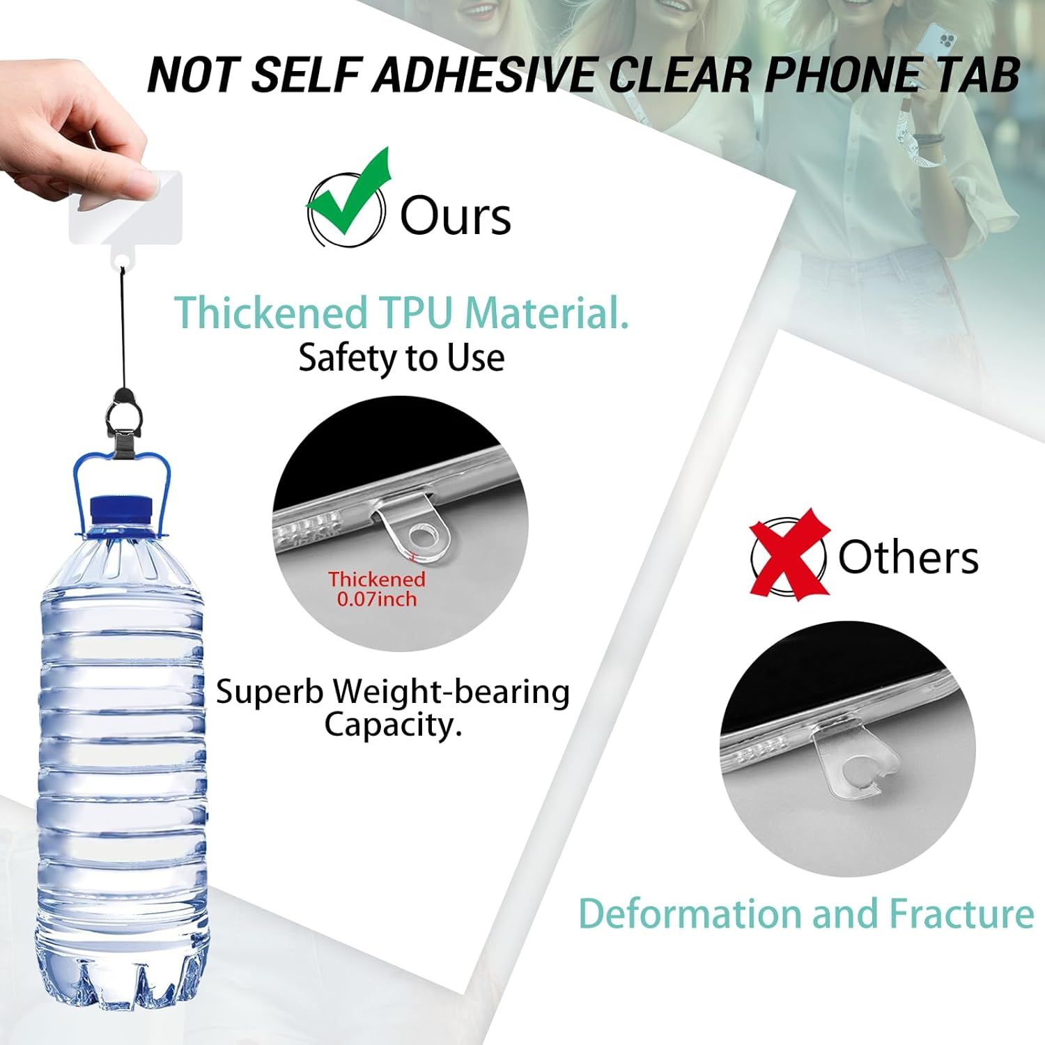 Demonstrates the product's superior material thickness and durability compared to competitors, reassuring shoppers that this phone tab is safer and more reliable than alternatives that may deform or…