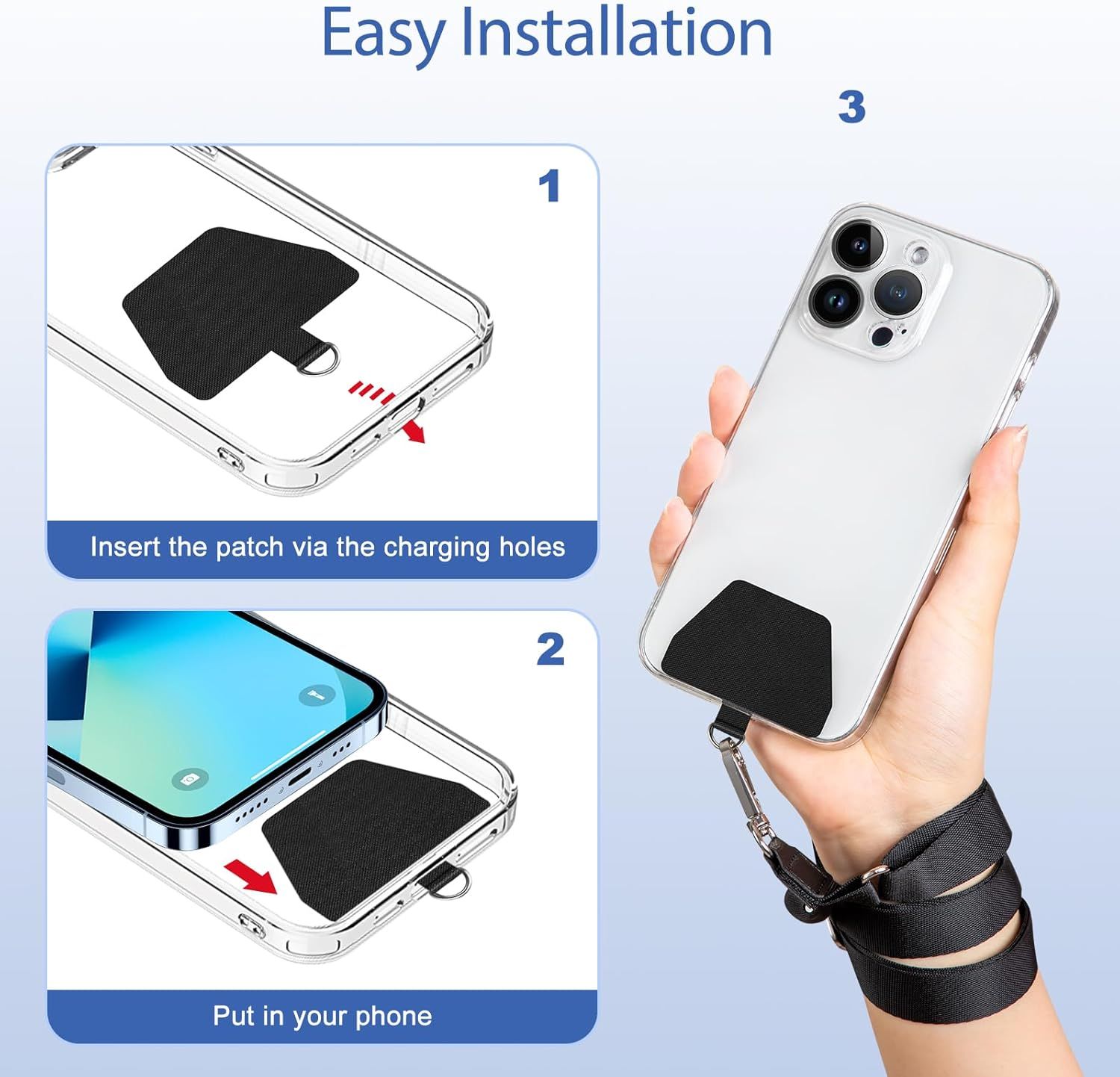 Demonstrates the simple 3-step installation process for attaching a patch or accessory to the phone case, reassuring shoppers that setup is quick and straightforward.