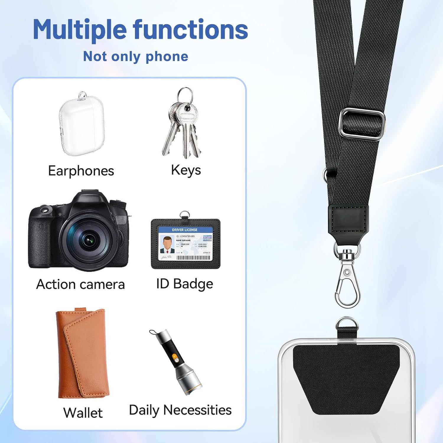 Demonstrates the product's versatility by showing multiple items it can carry or attach to, including earphones, keys, action camera, ID badge, wallet, and daily necessities, reassuring shoppers of…