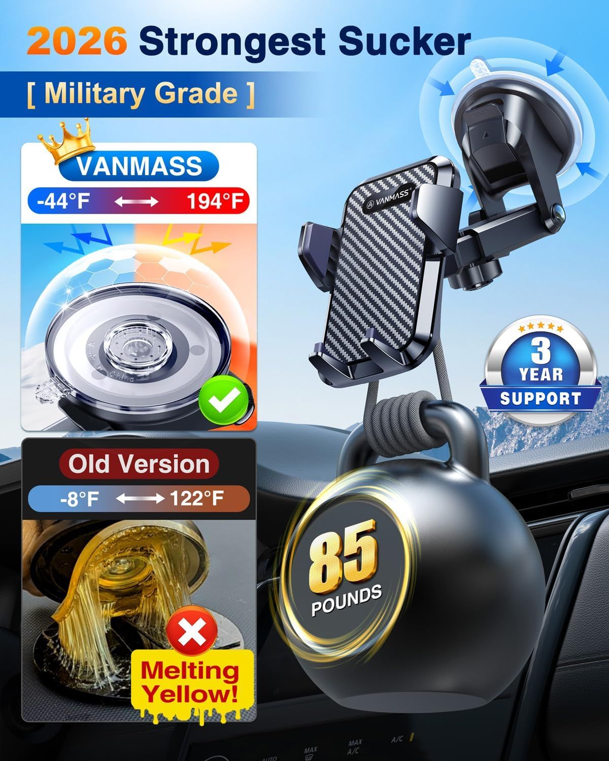 Demonstrates the superiority of the 2026 VANMASS sucker over the old version by showing improved temperature resistance (-44°F to 194°F vs -8°F to 122°F) and durability, reassuring shoppers that the…