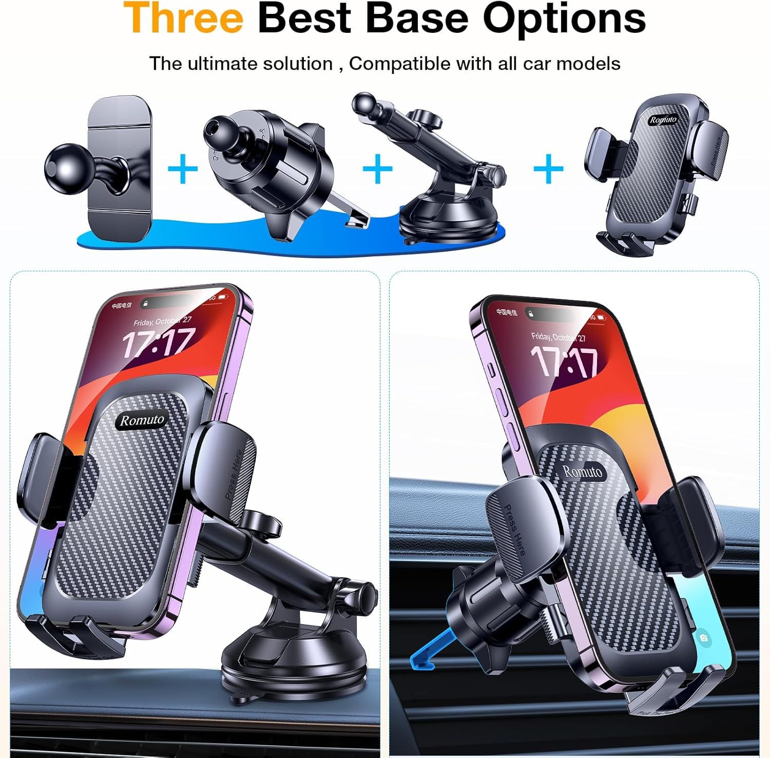 Demonstrates the product's versatility by showing three different base/mounting options (vent clip, dashboard mount, and windshield mount) that work with all car models, reassuring shoppers they can…