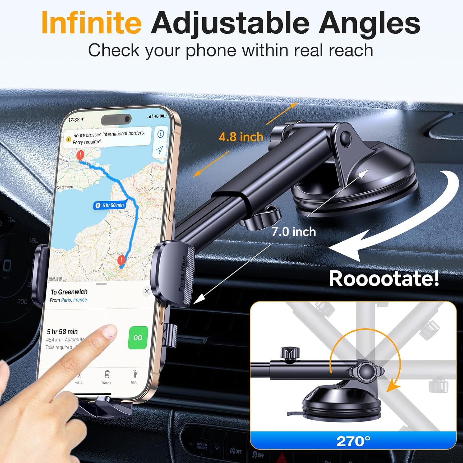 Demonstrates the phone mount's adjustable features including the 4.8 inch and 7.0 inch extension measurements, and the 270-degree rotation capability, reassuring shoppers that they can position…