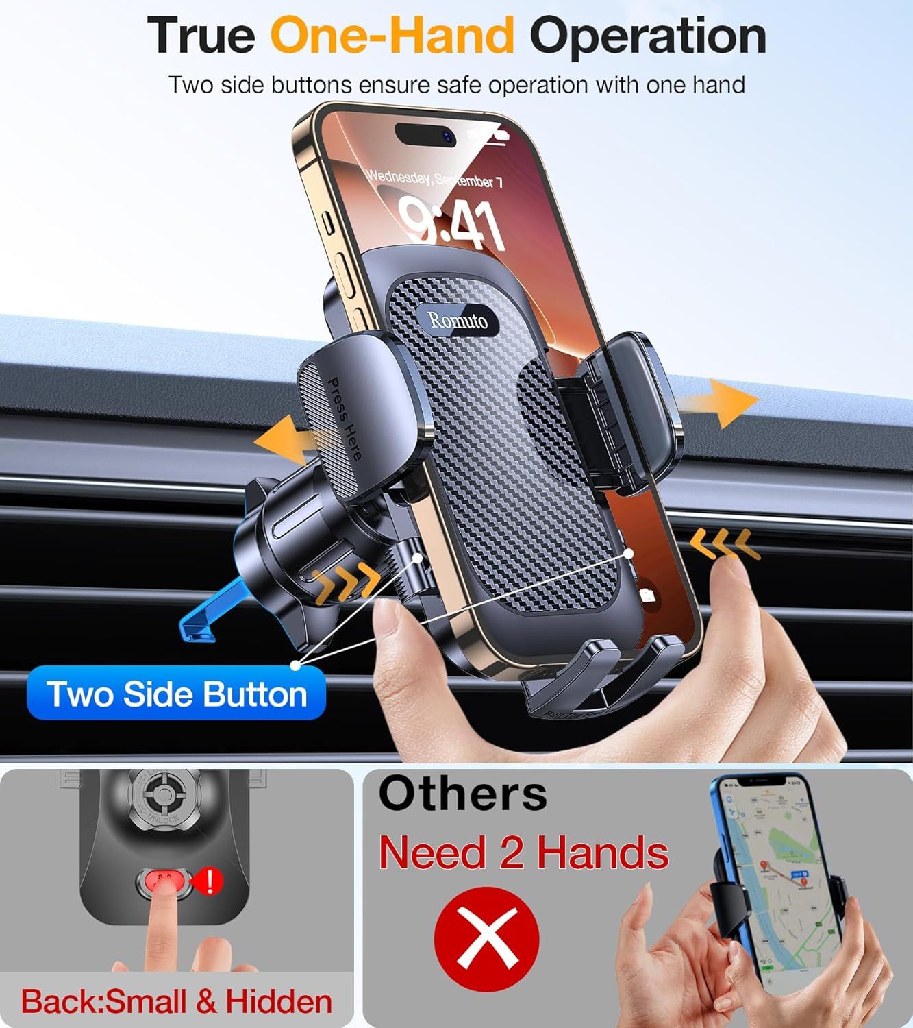 Demonstrates that this phone mount can be operated safely with one hand using two side buttons, while competing products require two hands to operate. Shows how the product works with simple…
