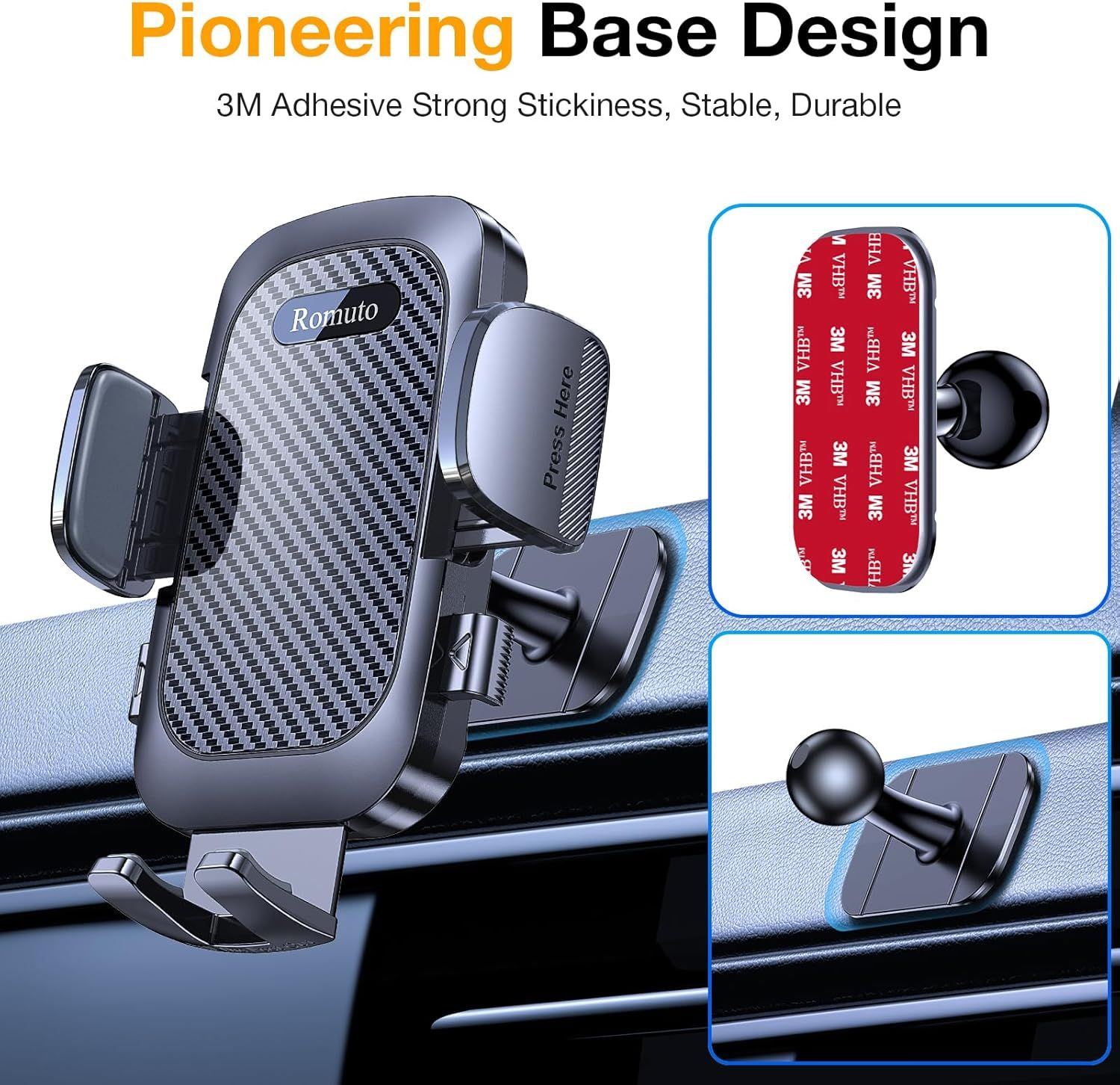 Highlights the pioneering base design with 3M adhesive technology, showing the physical mounting components and how the product attaches securely to the dashboard to reassure shoppers of its strong…