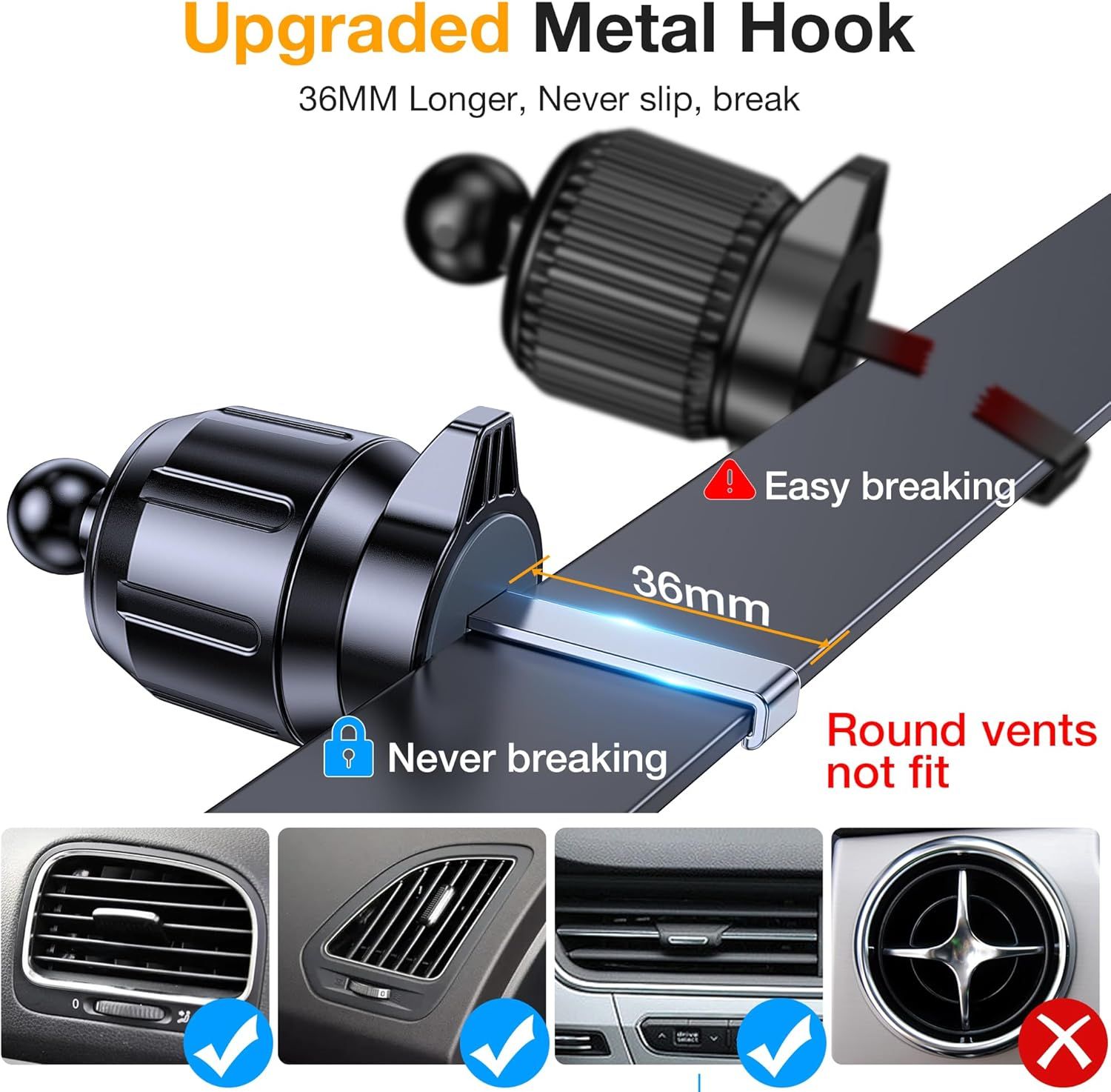 This image breaks down the physical components and design features of the car phone mount, highlighting the upgraded metal hook that is 36mm longer and won't break, while also showing which vent…