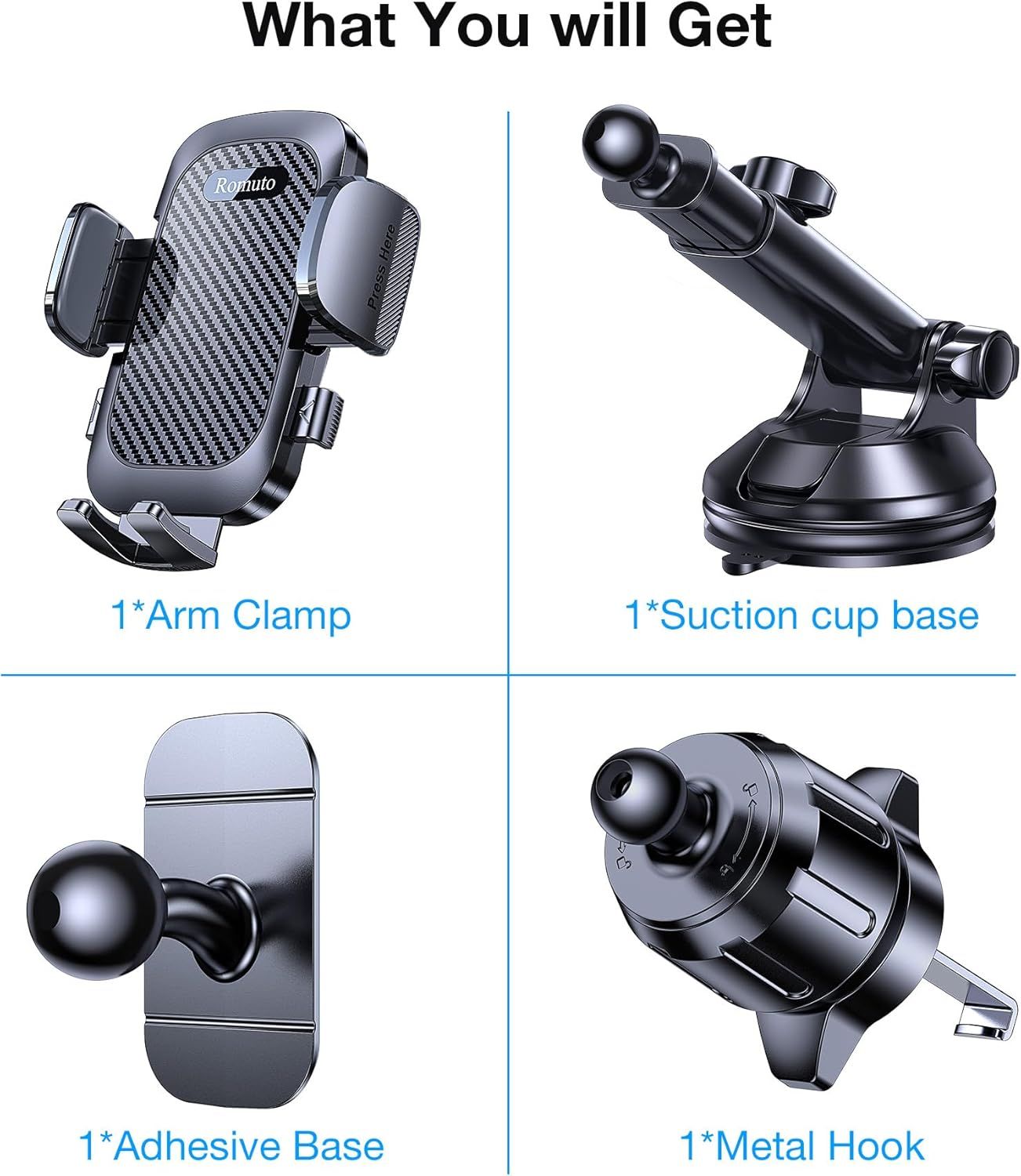 Shows the customer everything included in the package: a phone holder with arm clamp, suction cup base, adhesive base, and metal hook, demonstrating versatility and value.