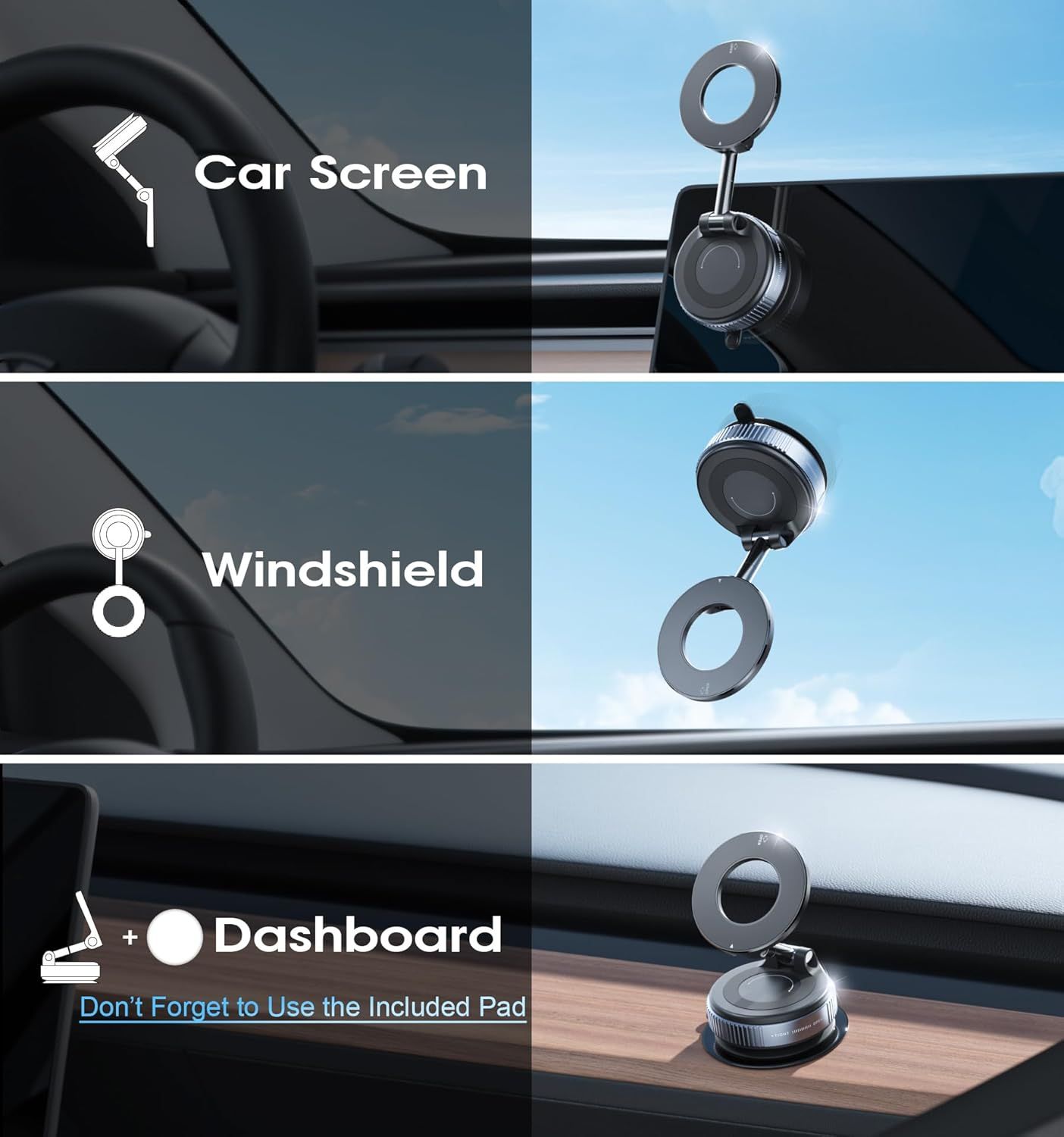 Demonstrates the product's versatility by showing three different mounting locations in a vehicle, reassuring shoppers that the product can be used in multiple ways to suit their preferences.