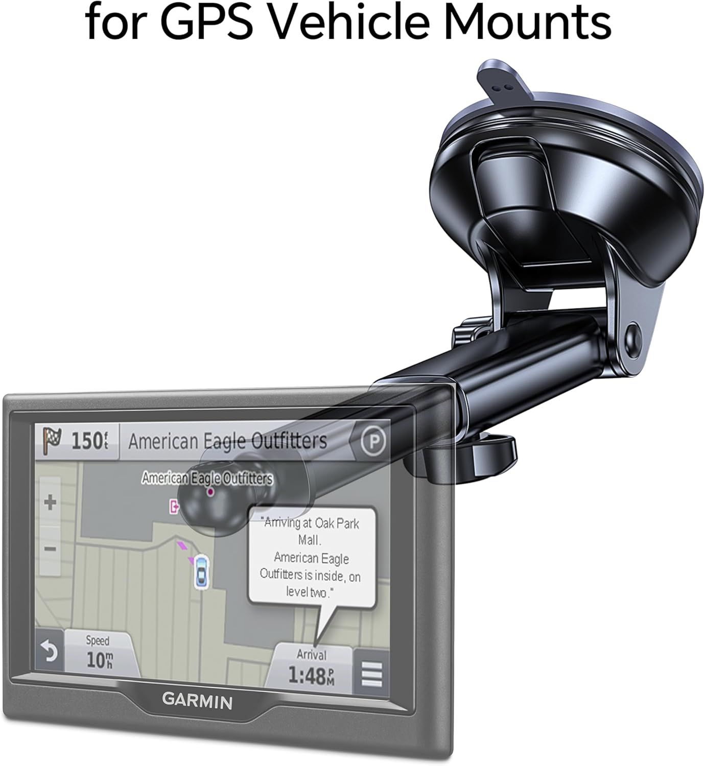 Demonstrates that the mount is compatible with GPS devices, specifically showing a Garmin GPS unit mounted and in use to reassure shoppers of fit and functionality.