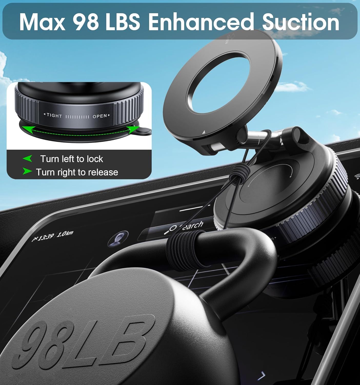 Communicates the powerful suction capacity of the product using a bold quantifiable performance claim to reassure shoppers of its effectiveness. Demonstrates how to lock and release the suction cup…
