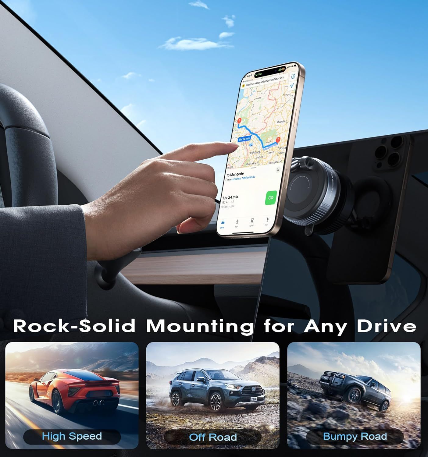 Demonstrates the phone mount's versatility and reliability across multiple driving conditions (high speed, off-road, bumpy terrain) to reassure shoppers it will stay secure in any situation.…