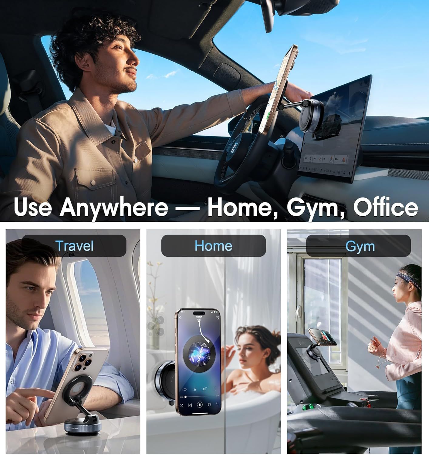 Demonstrates the product's versatility by showing it can be used in multiple real-world scenarios—car, airplane travel, home entertainment, and gym workouts—to reassure shoppers of its broad utility.