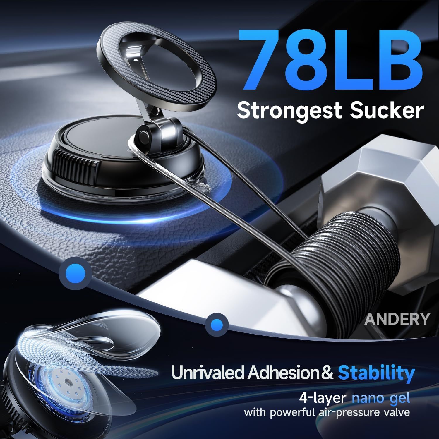 Highlights the product's exceptional suction strength with a bold quantifiable metric (78LB) to communicate superior holding power and performance. Breaks down the internal structure and components…