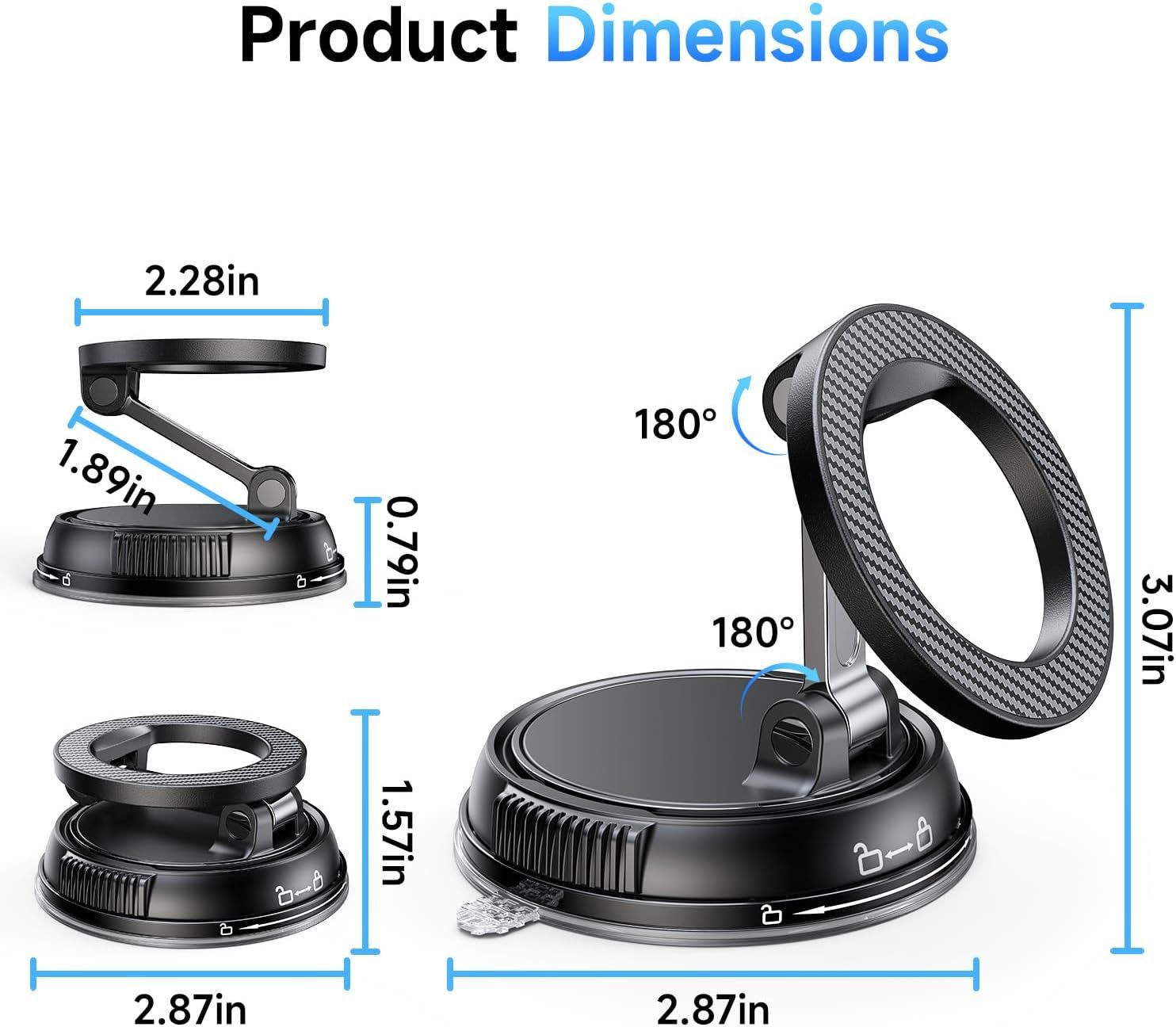 Communicates the exact physical measurements of the product (width, height, arm length) and its 180-degree rotation capability to help shoppers understand its size and adjustability.