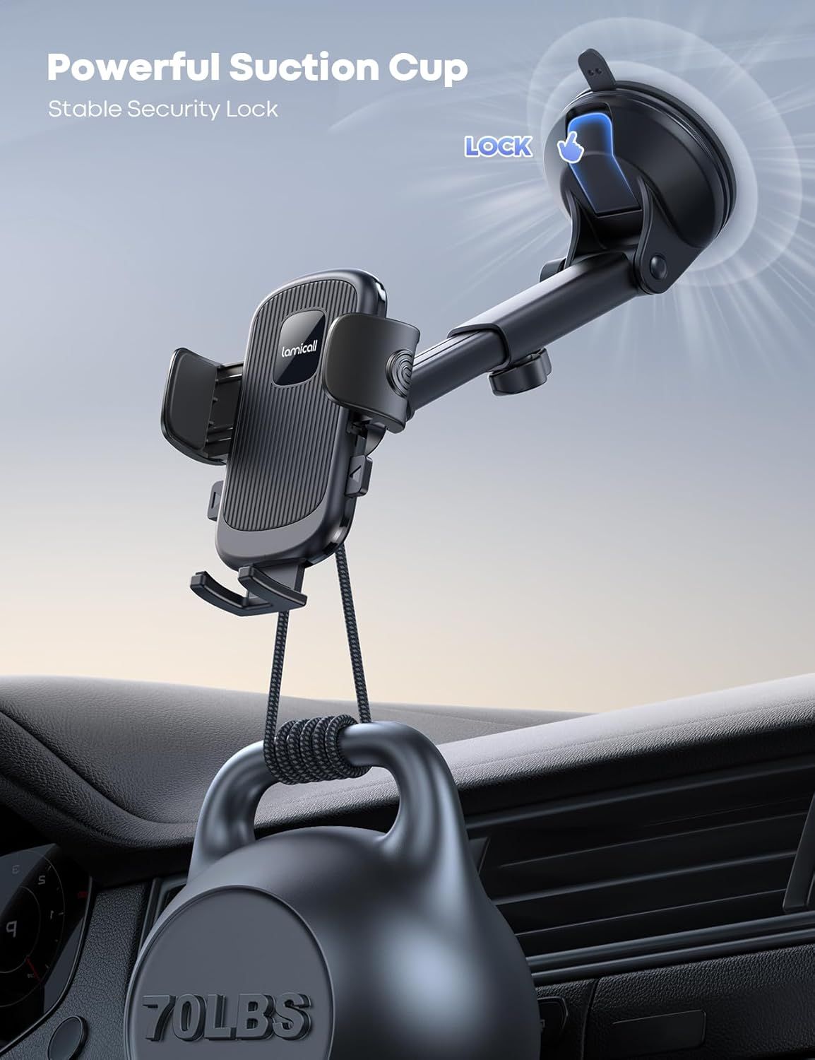 Highlights the powerful suction cup with a security lock mechanism to reassure shoppers that the phone mount will stay firmly attached to the windshield. Communicates the key benefit of a powerful,…