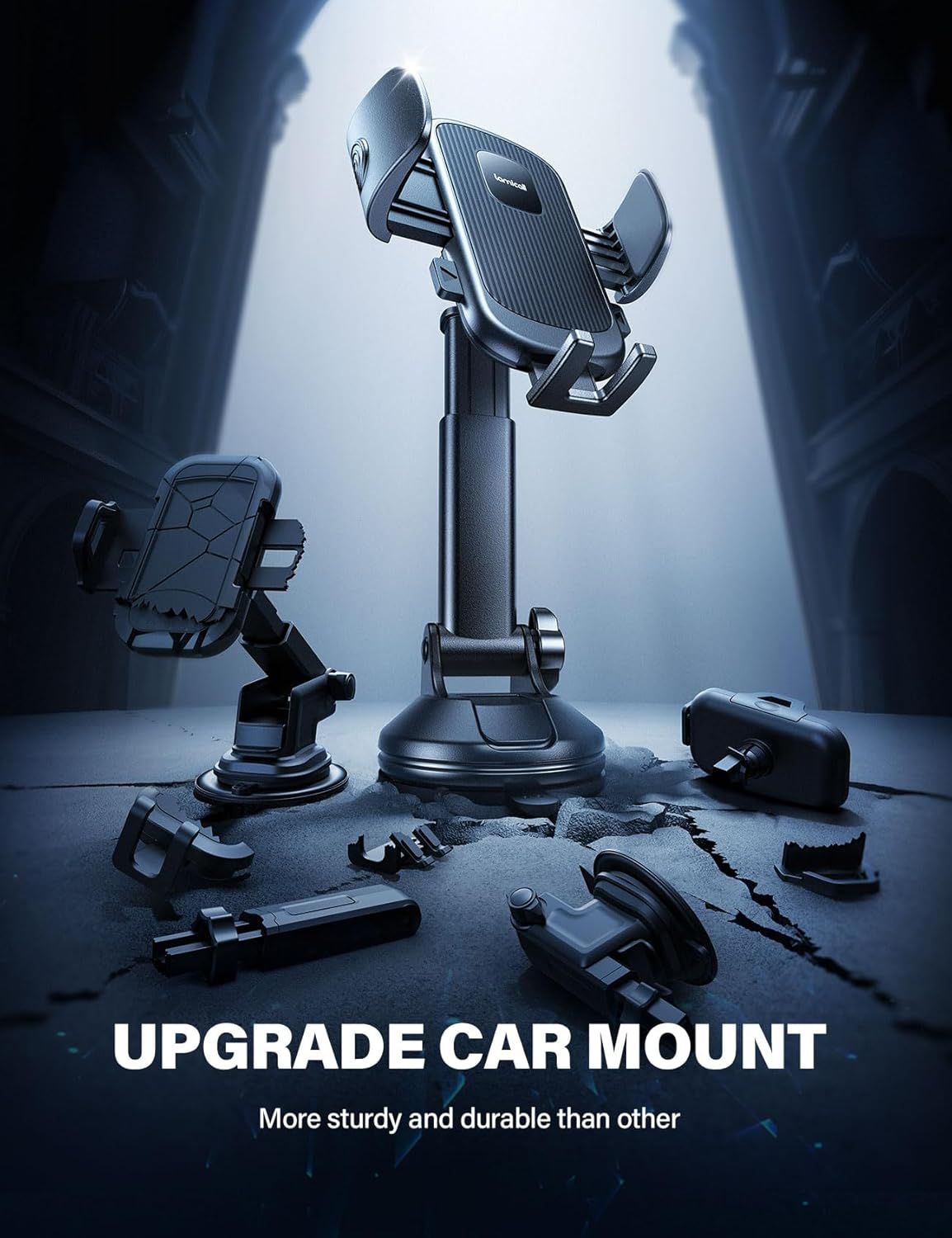 Demonstrates that this car mount is more sturdy and durable than competing products by showing it standing strong while other mounts are broken and scattered on the ground. Communicates the upgraded…