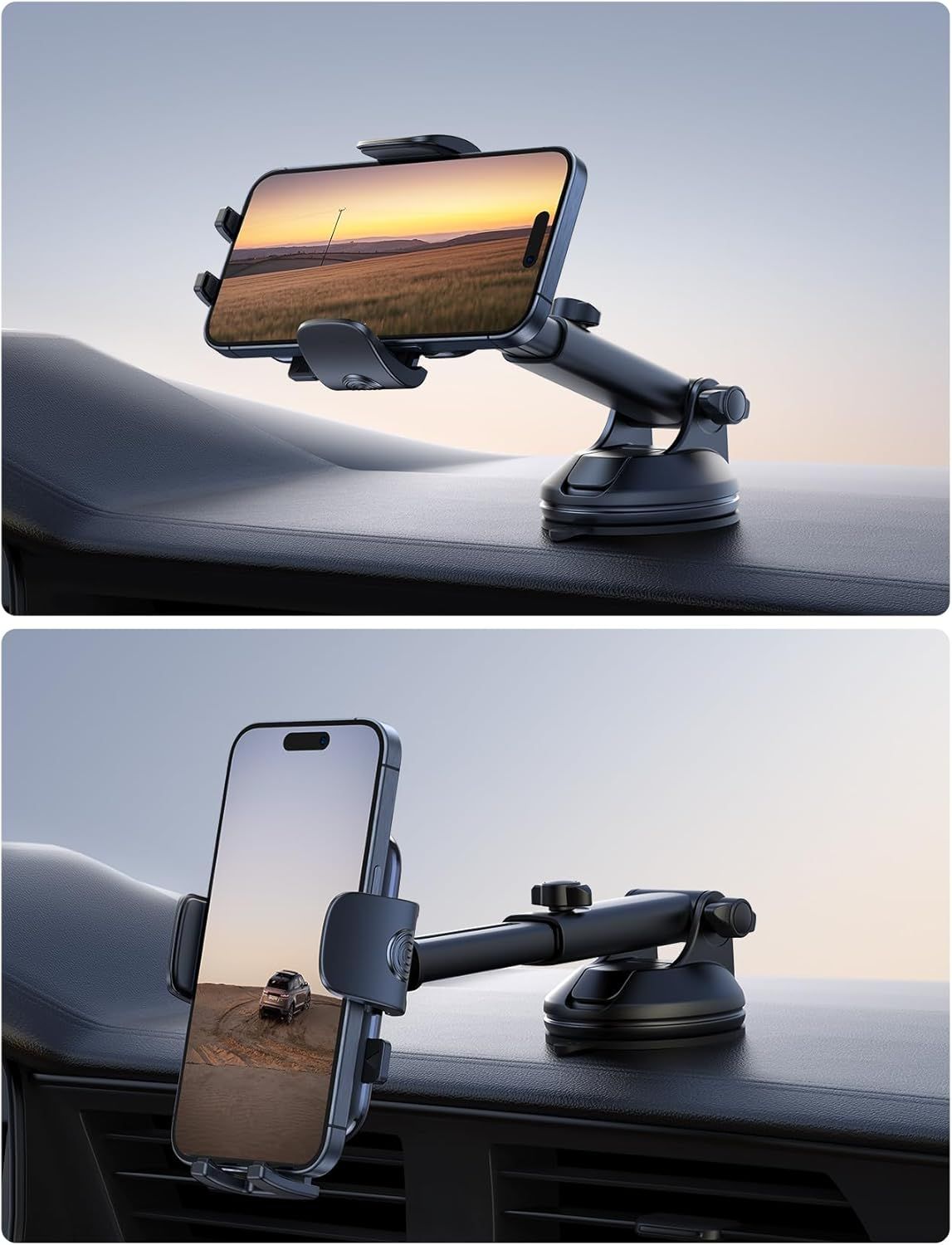 Demonstrates the product's versatility by showing two different mounting positions and viewing angles for the phone holder in a car dashboard setting.