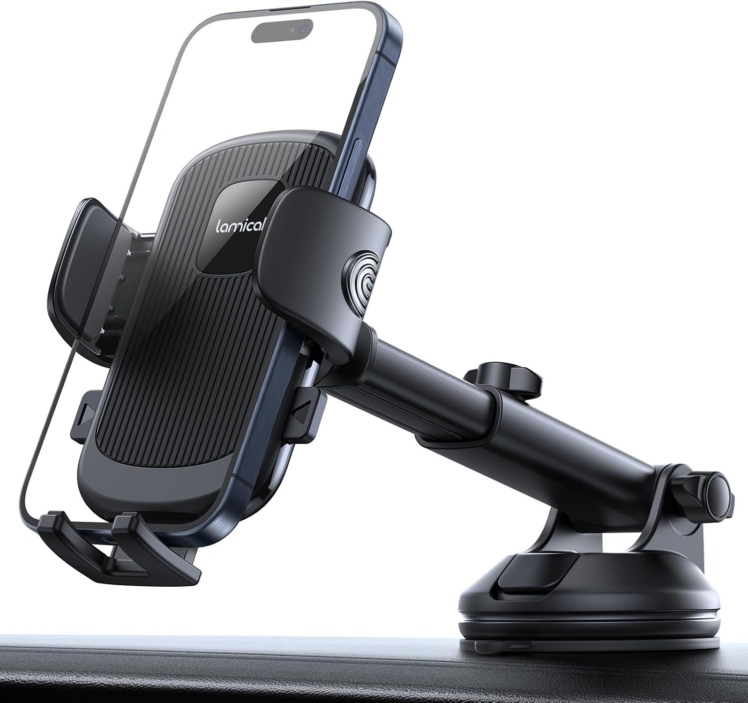 Provides a clean, professional catalog-style view of the phone mount product showing its design, adjustable arm, and mounting mechanism without distractions.