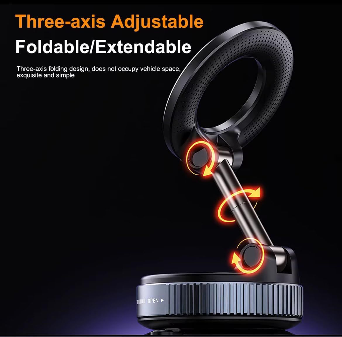Demonstrates the product's three-axis folding mechanism with visual arrows highlighting the rotation points, showing shoppers how the product adjusts and folds to save space.