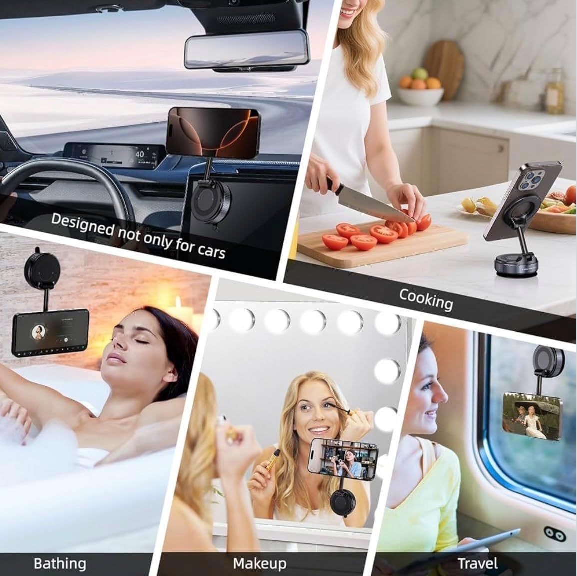 Demonstrates the versatility of the phone mount by showing it can be used in five different real-world scenarios (car, cooking, bathing, makeup application, and travel), reassuring shoppers that…