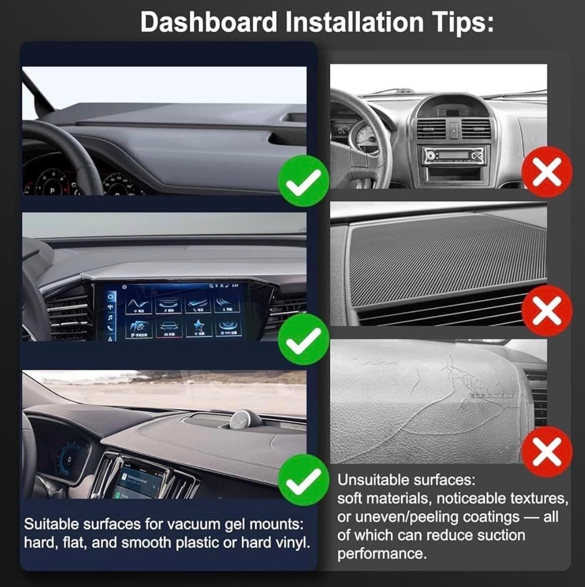 Provides clear visual instructions on which dashboard surfaces are suitable or unsuitable for vacuum gel mount installation, helping customers avoid installation mistakes and ensure proper adhesion.