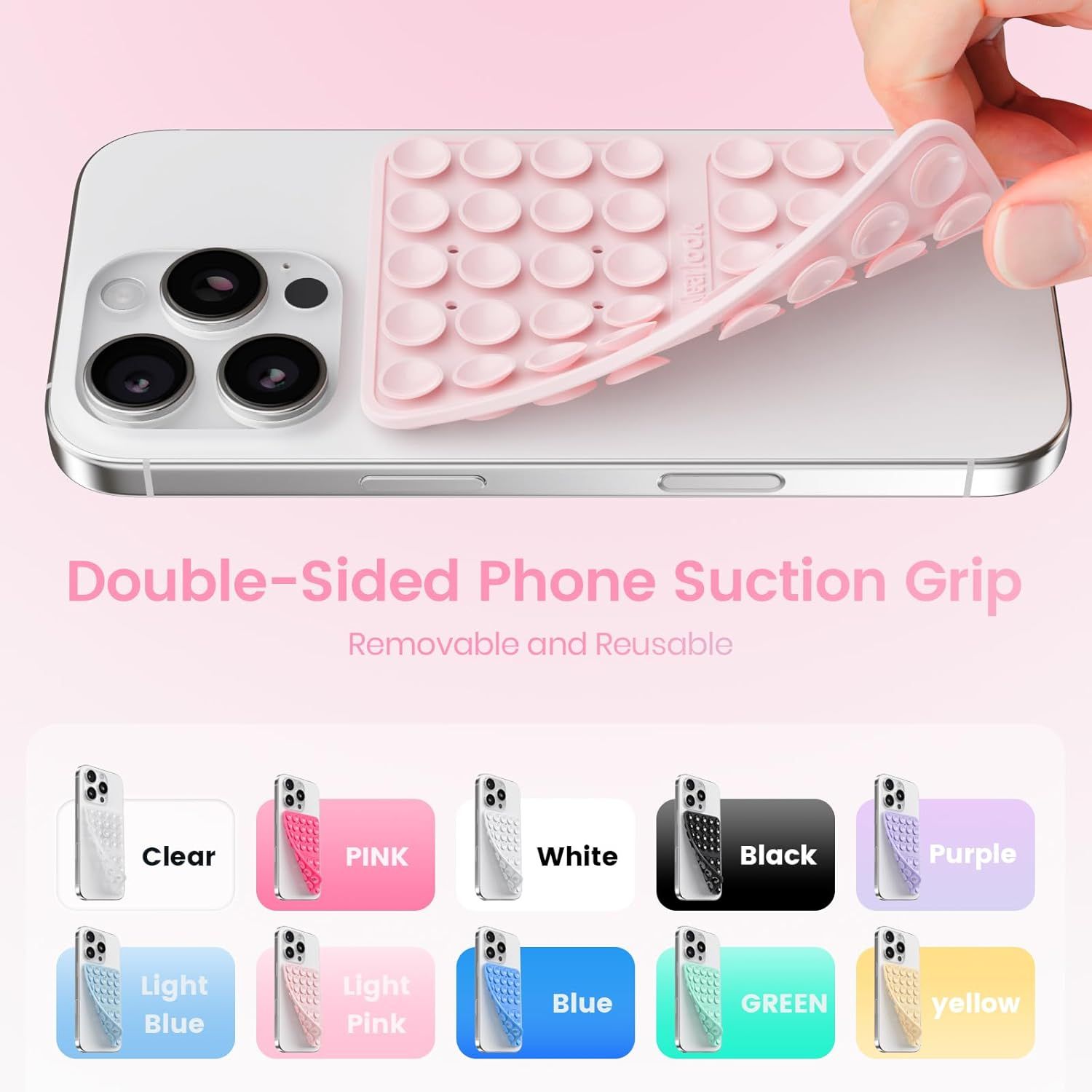 Showcases the available color options for the phone suction grip accessory, helping shoppers choose their preferred variant from the brand's product lineup. Highlights the key benefit of the product…