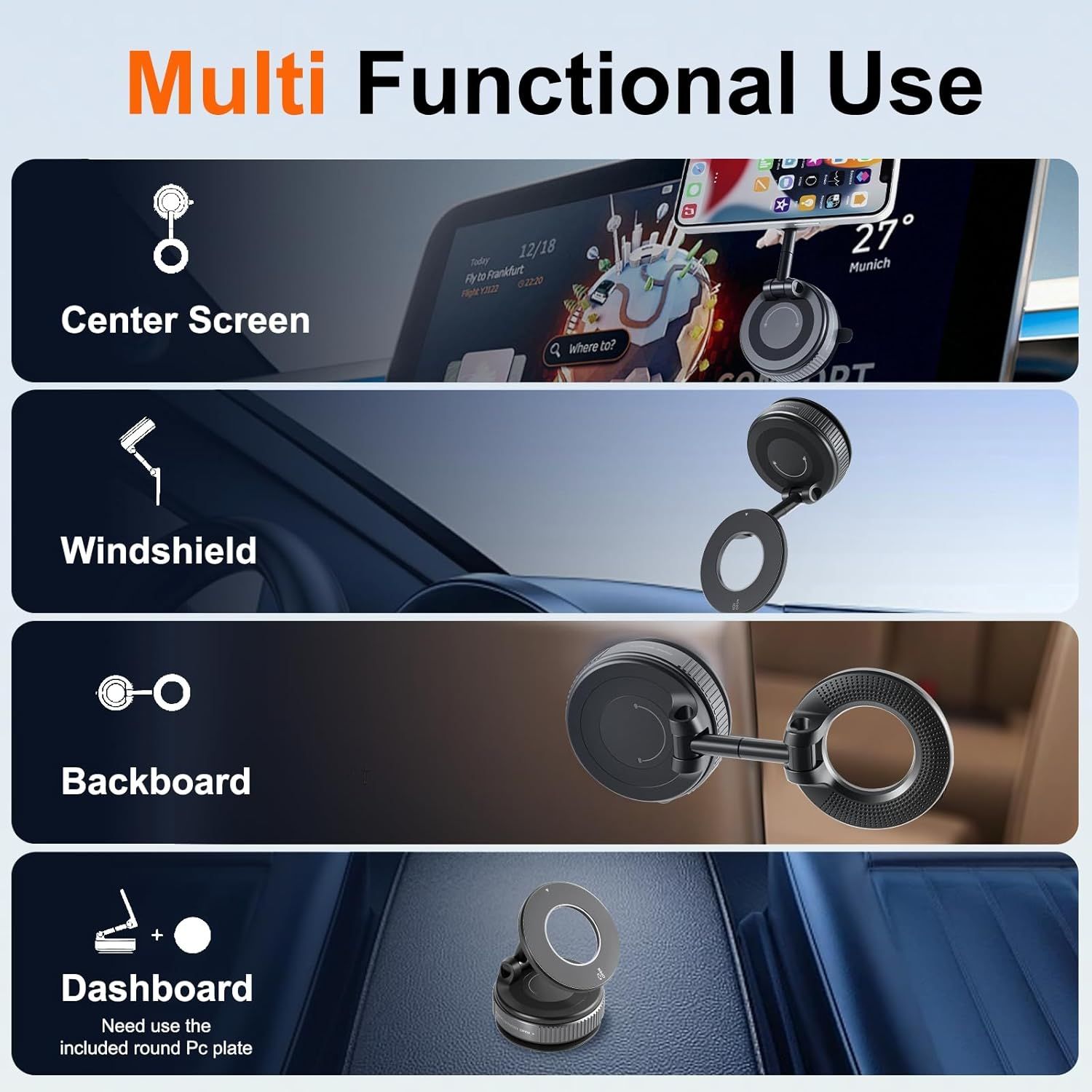 Demonstrates the product's versatility by showing four different mounting locations where the product can be used in a vehicle, reassuring shoppers that it adapts to their preferred setup.