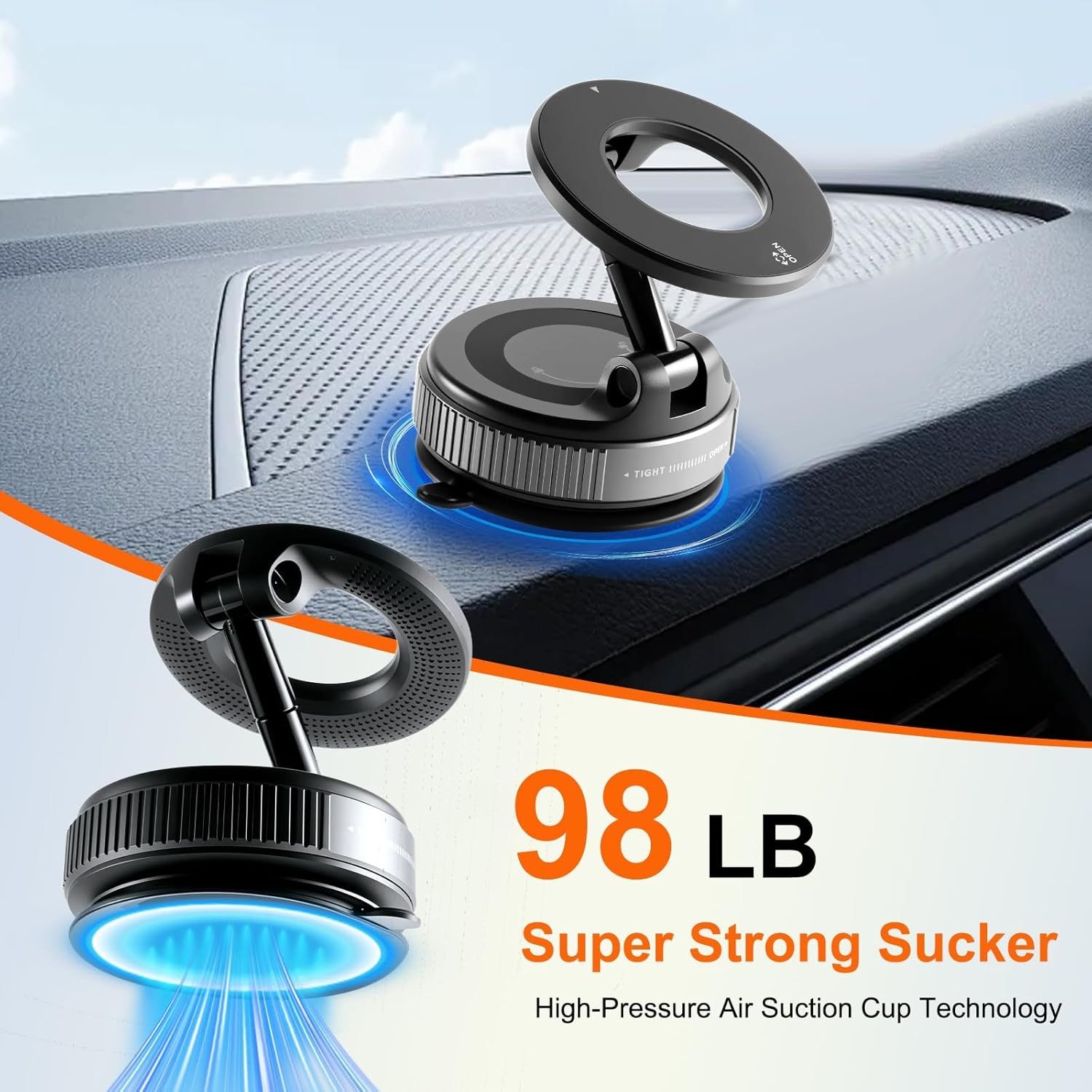 Communicates the powerful suction capability of the car phone mount to reassure shoppers that it will hold securely on the dashboard. Breaks down the physical suction mechanism with zoom callouts to…
