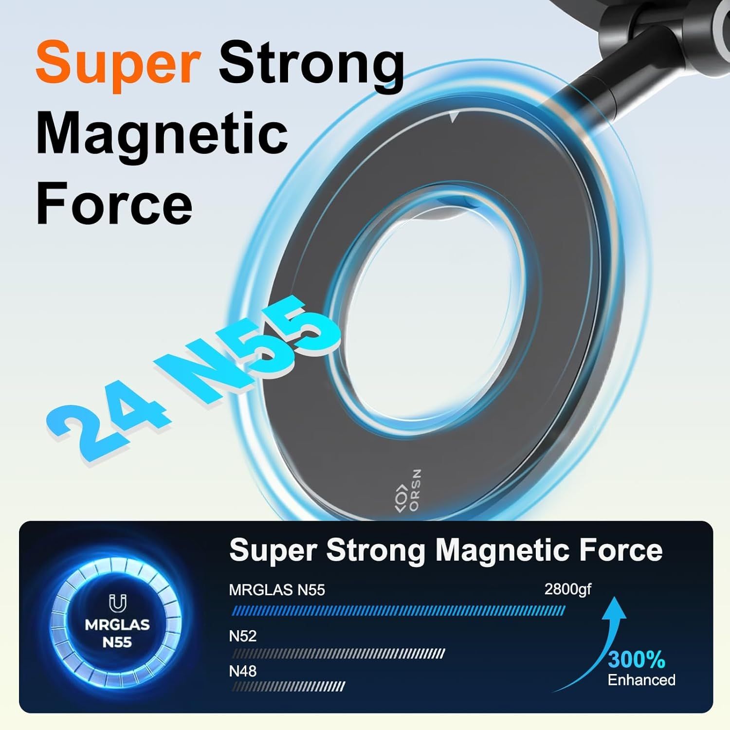 Communicates the superior magnetic strength of the product using quantifiable performance metrics (24 N55, 2800gf) and a comparative enhancement claim (300% stronger) to reassure shoppers of its…
