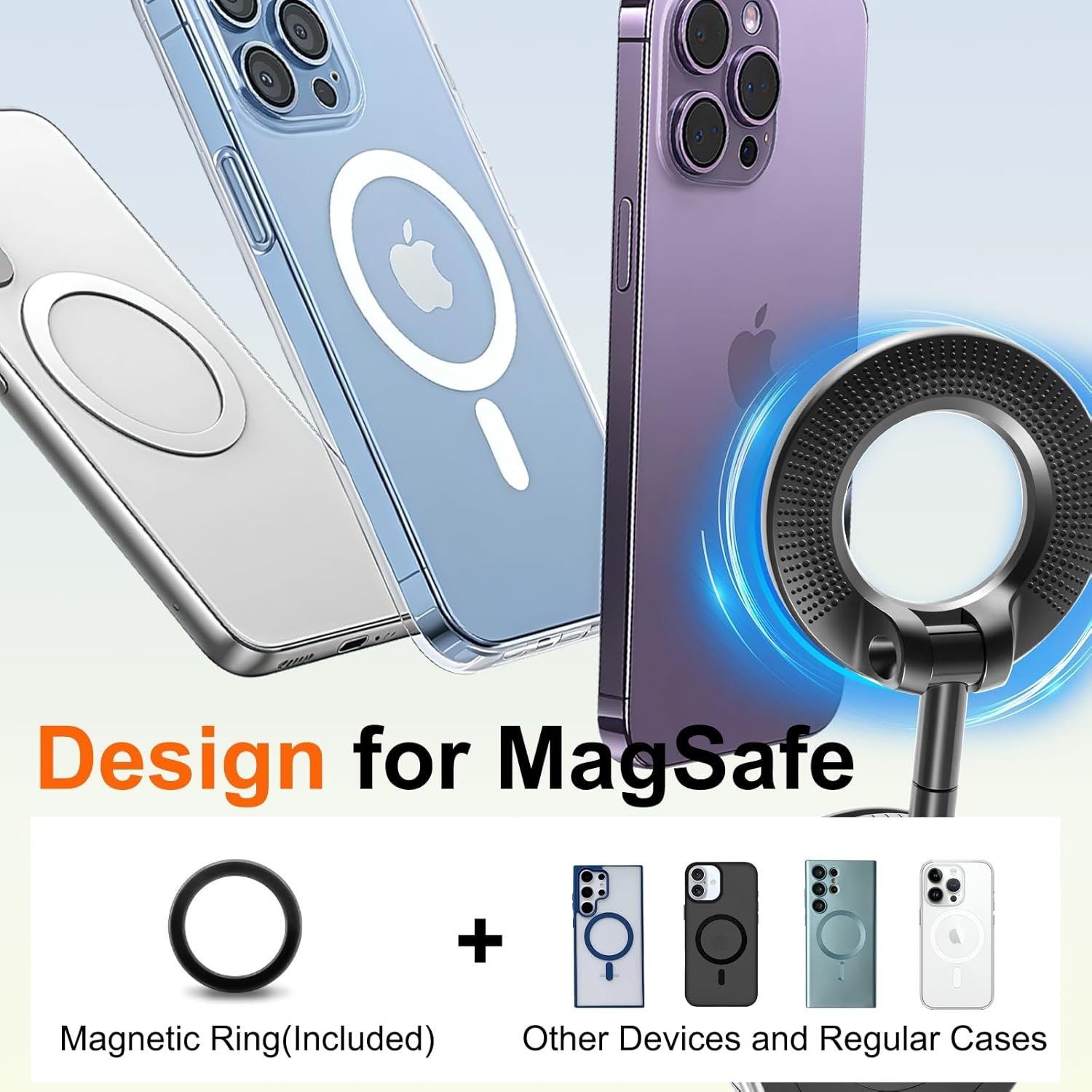 Communicates that the phone case is designed to work with MagSafe technology, reassuring shoppers that it's compatible with Apple's magnetic charging and accessory ecosystem. Highlights the key…